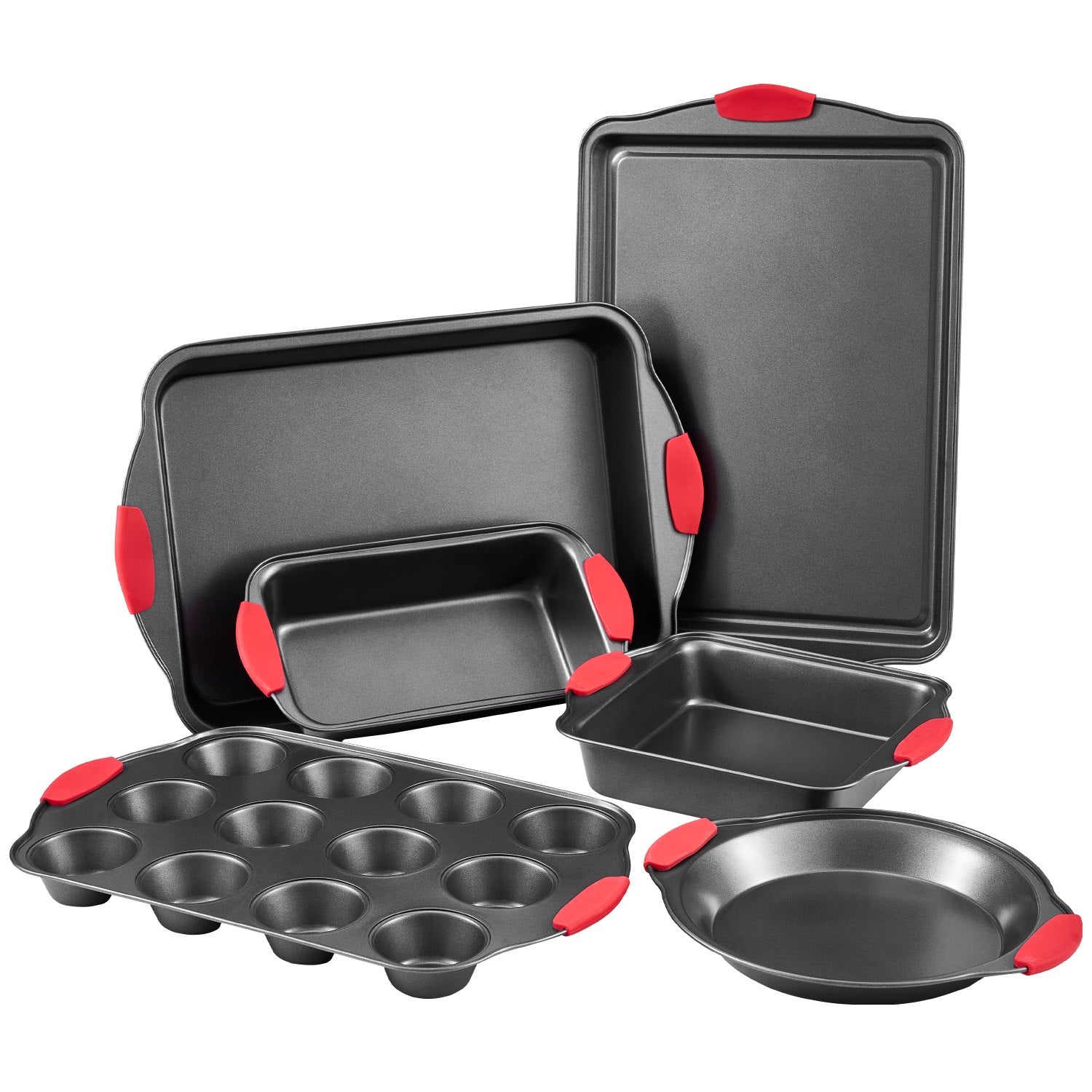 6-Piece Nonstick Carbon Steel Baking Pans Set with Stackable Trays and Silicone Handles for Cookies, Muffins, Cakes, and Bread