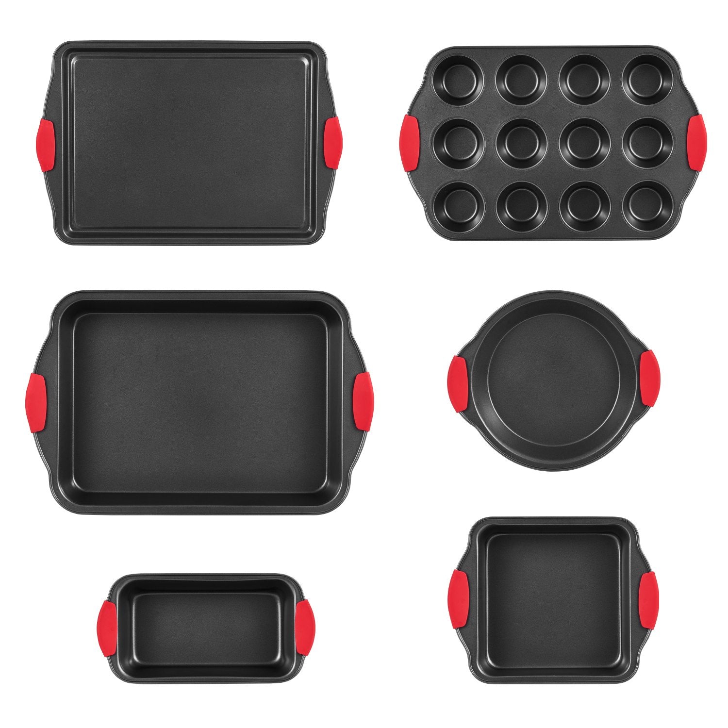 6-Piece Nonstick Carbon Steel Baking Pans Set with Stackable Trays and Silicone Handles for Cookies, Muffins, Cakes, and Bread
