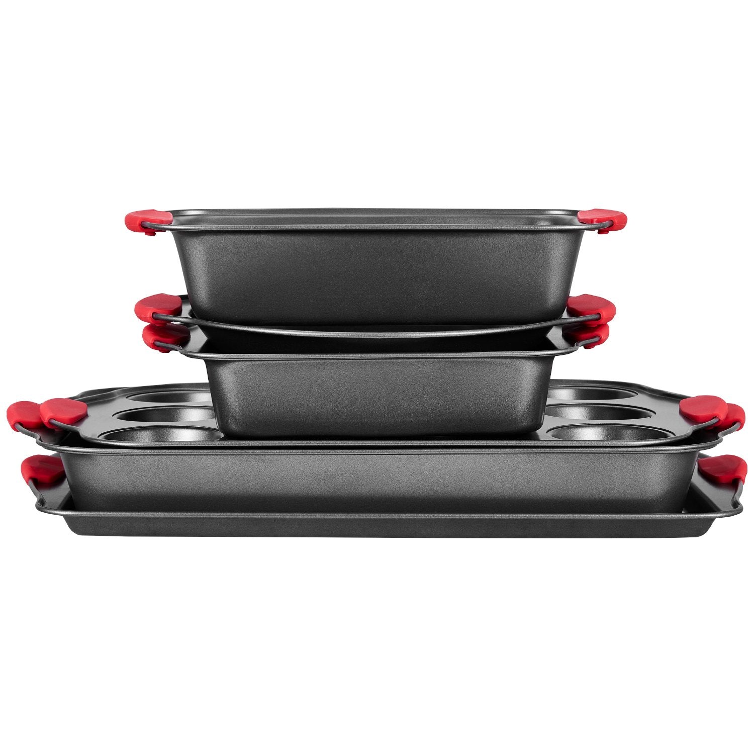 6-Piece Nonstick Carbon Steel Baking Pans Set with Stackable Trays and Silicone Handles for Cookies, Muffins, Cakes, and Bread