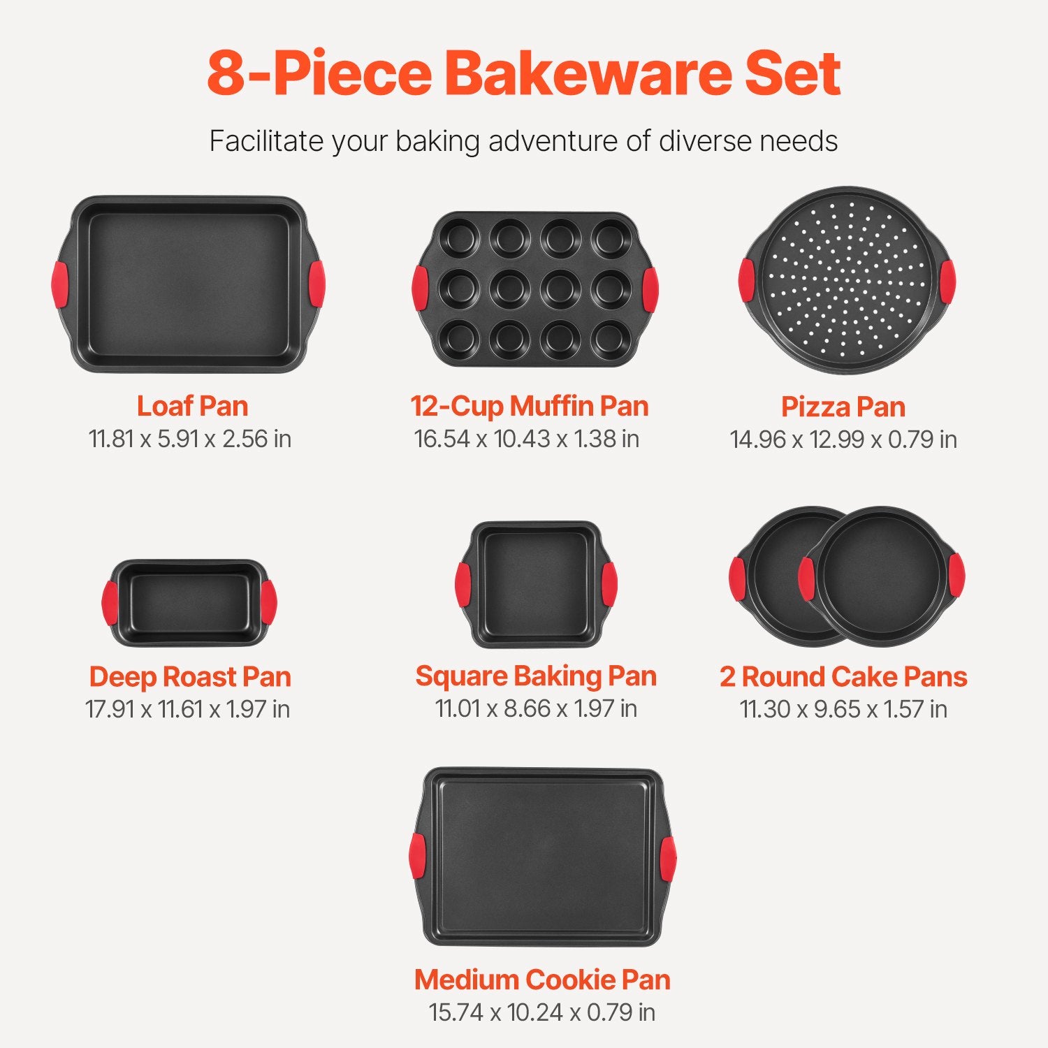 8-Piece Nonstick Carbon Steel Bakeware Set with Silicone Handles – Stackable Oven Sheets & Trays for Baking Cookies, Cakes, Muffins, Bread, and More