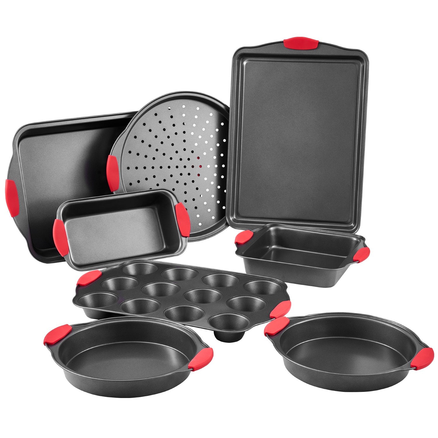 8-Piece Nonstick Carbon Steel Bakeware Set with Silicone Handles – Stackable Oven Sheets & Trays for Baking Cookies, Cakes, Muffins, Bread, and More