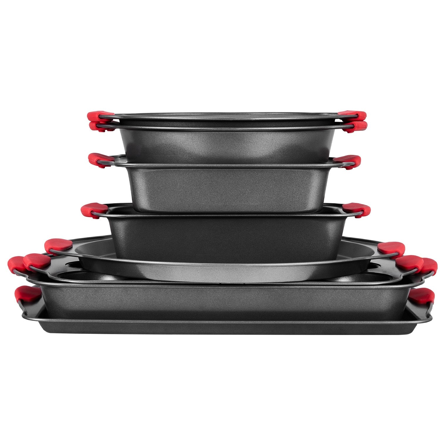 8-Piece Nonstick Carbon Steel Bakeware Set with Silicone Handles – Stackable Oven Sheets & Trays for Baking Cookies, Cakes, Muffins, Bread, and More