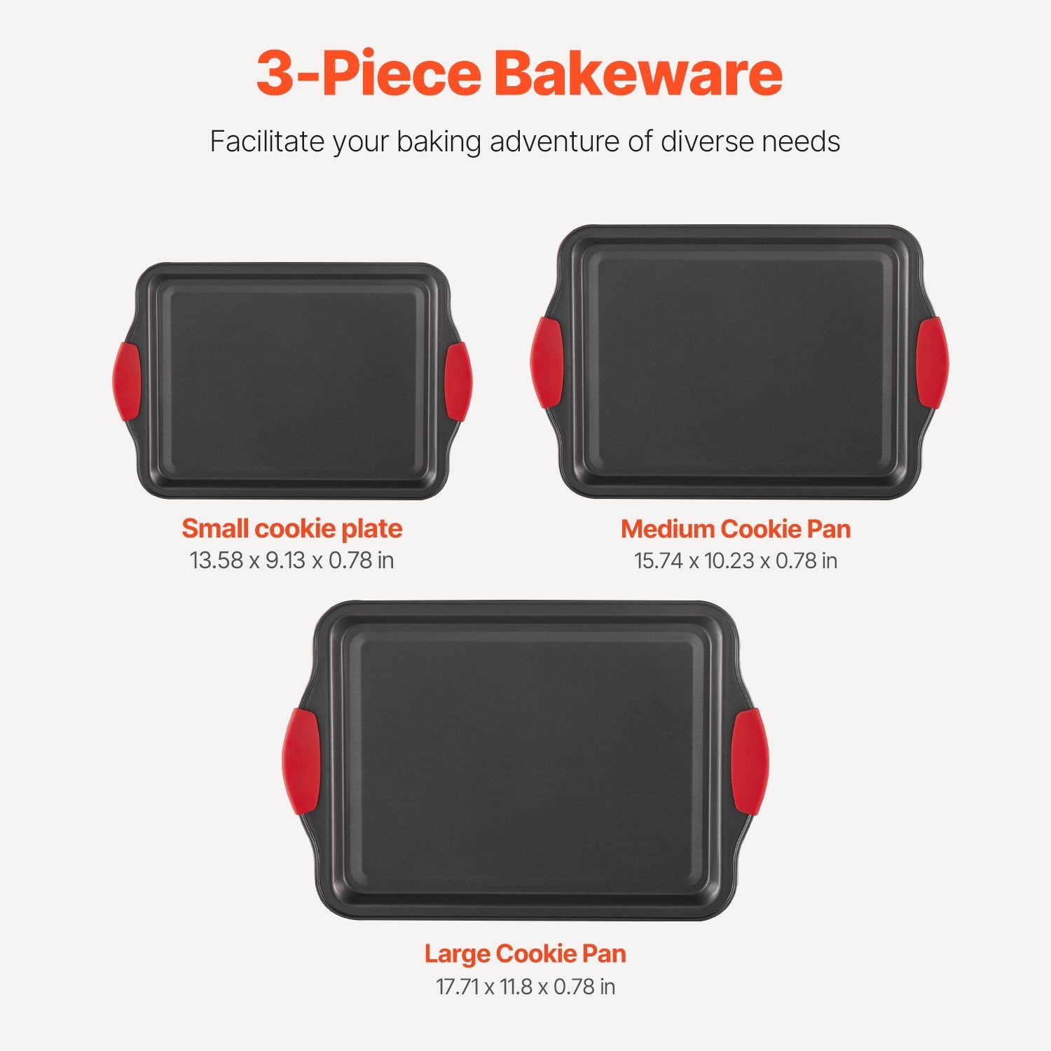 3-Piece Nonstick Carbon Steel Baking Pans Set with Silicone Handles – Stackable Oven Sheets & Trays for Cookies, Cakes, Muffins, and Bread