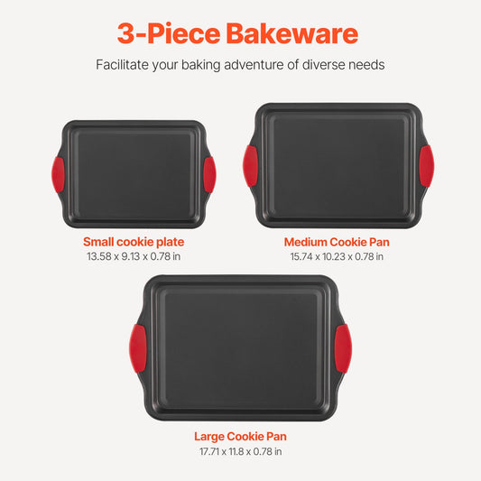 3-Piece Nonstick Carbon Steel Baking Pans Set with Silicone Handles – Stackable Oven Sheets & Trays for Cookies, Cakes, Muffins, and Bread