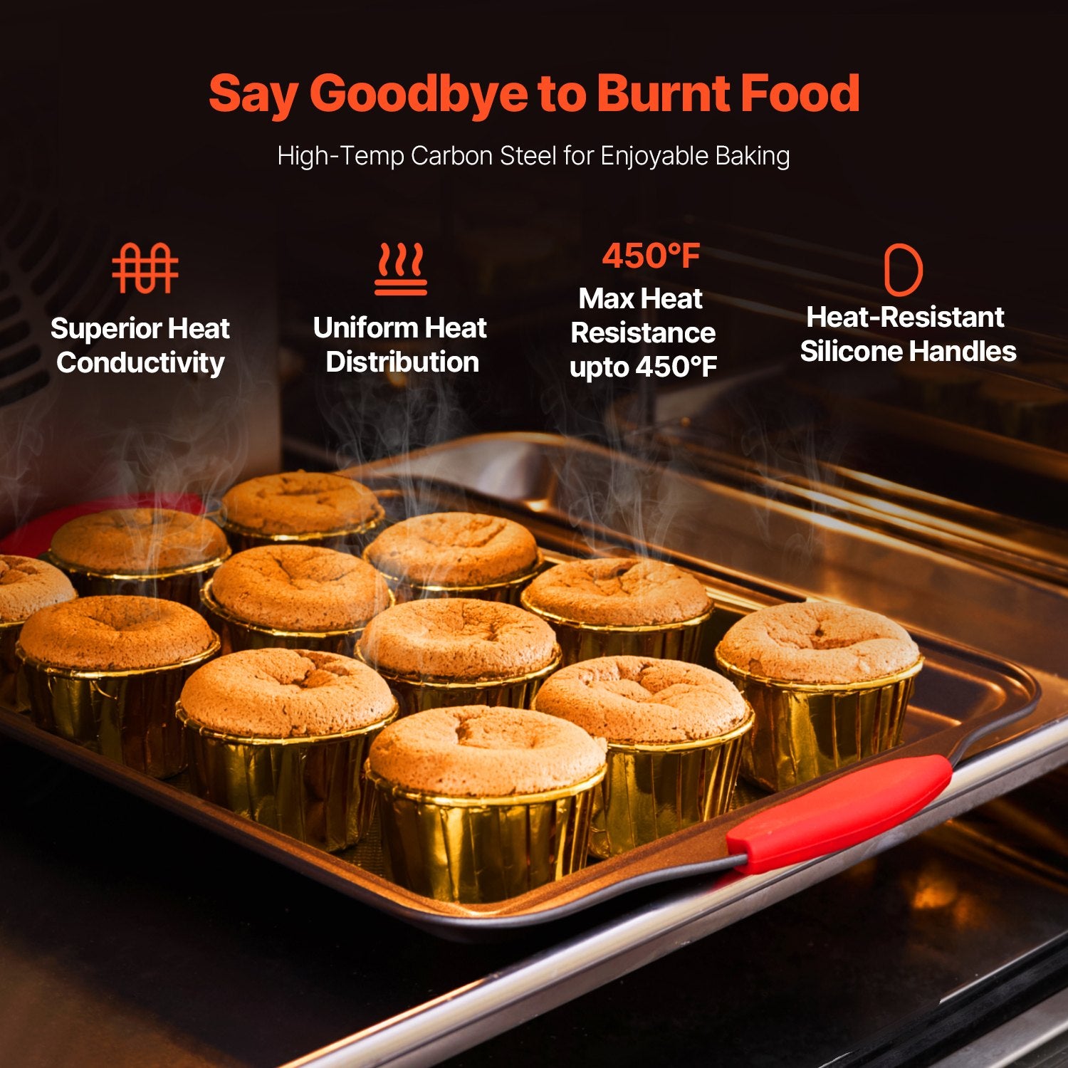 3-Piece Nonstick Carbon Steel Baking Pans Set with Silicone Handles – Stackable Oven Sheets & Trays for Cookies, Cakes, Muffins, and Bread