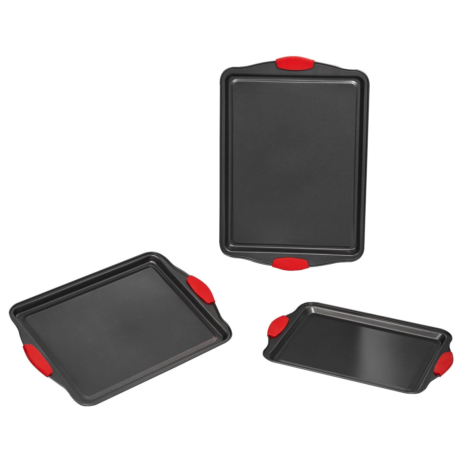 3-Piece Nonstick Carbon Steel Baking Pans Set with Silicone Handles – Stackable Oven Sheets & Trays for Cookies, Cakes, Muffins, and Bread