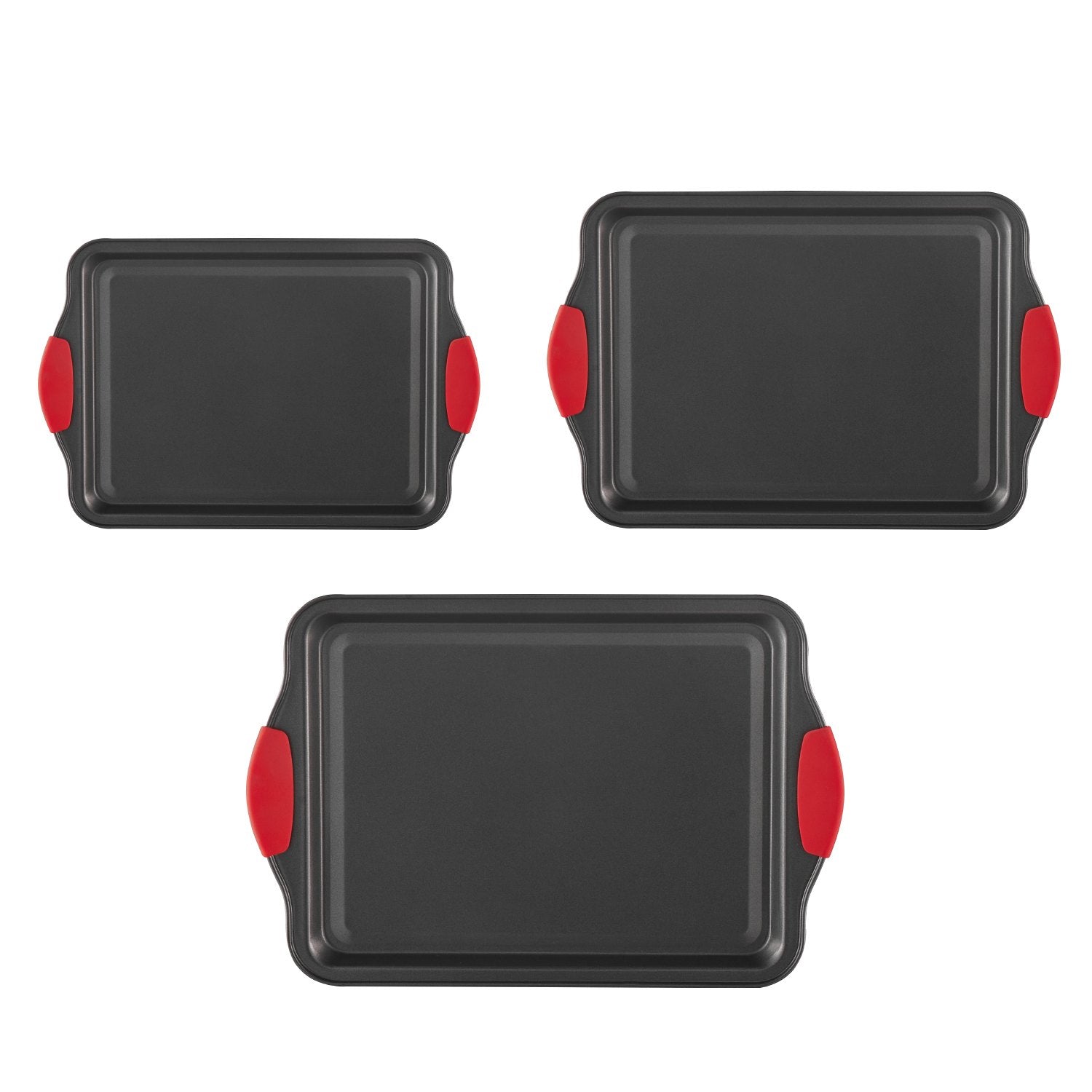 3-Piece Nonstick Carbon Steel Baking Pans Set with Silicone Handles – Stackable Oven Sheets & Trays for Cookies, Cakes, Muffins, and Bread