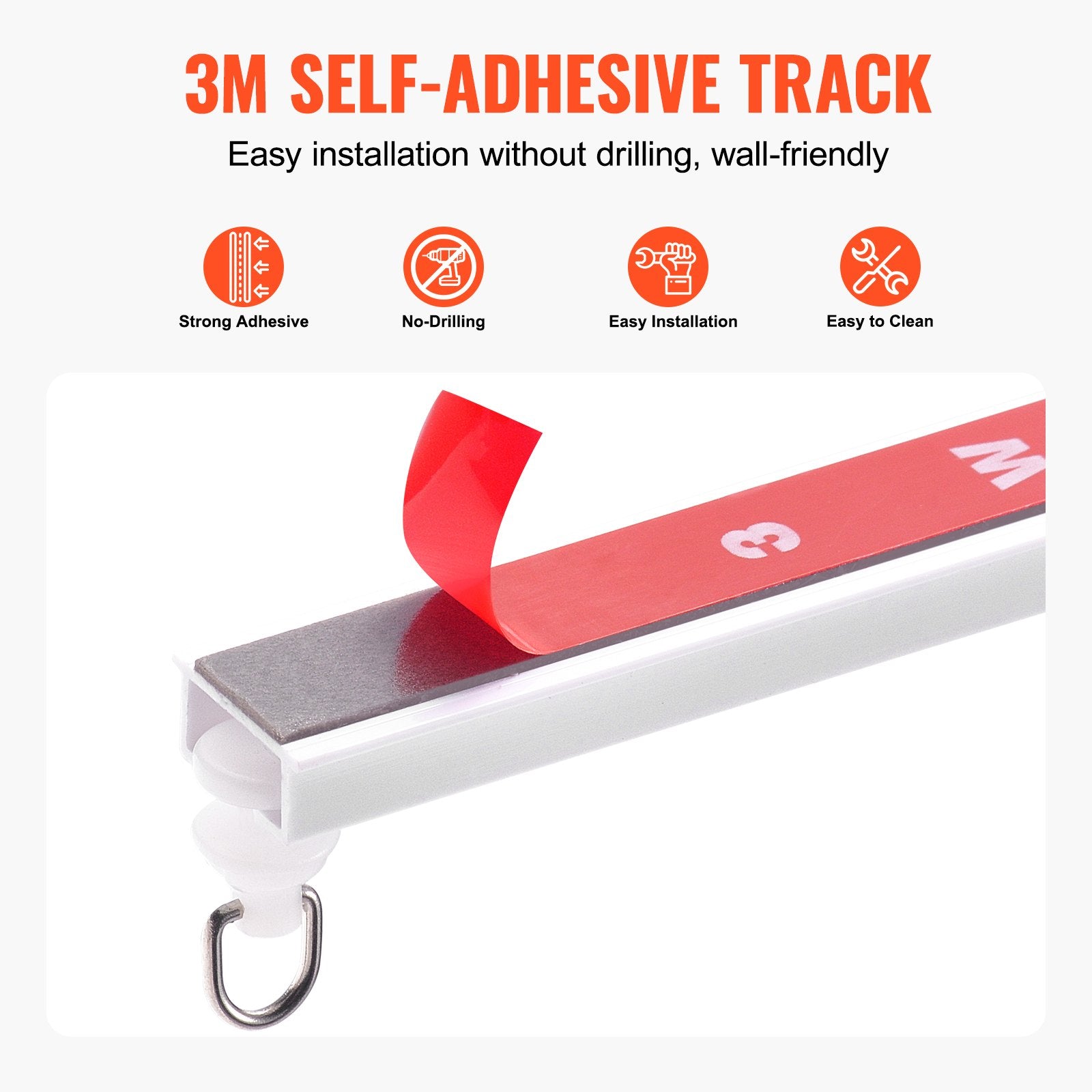 Ceiling Curtain Track Set, 9.9 FT Self Adhesive No Drill System, Room Divider with Hooks, Easy Install PVC Track for Living Room, White