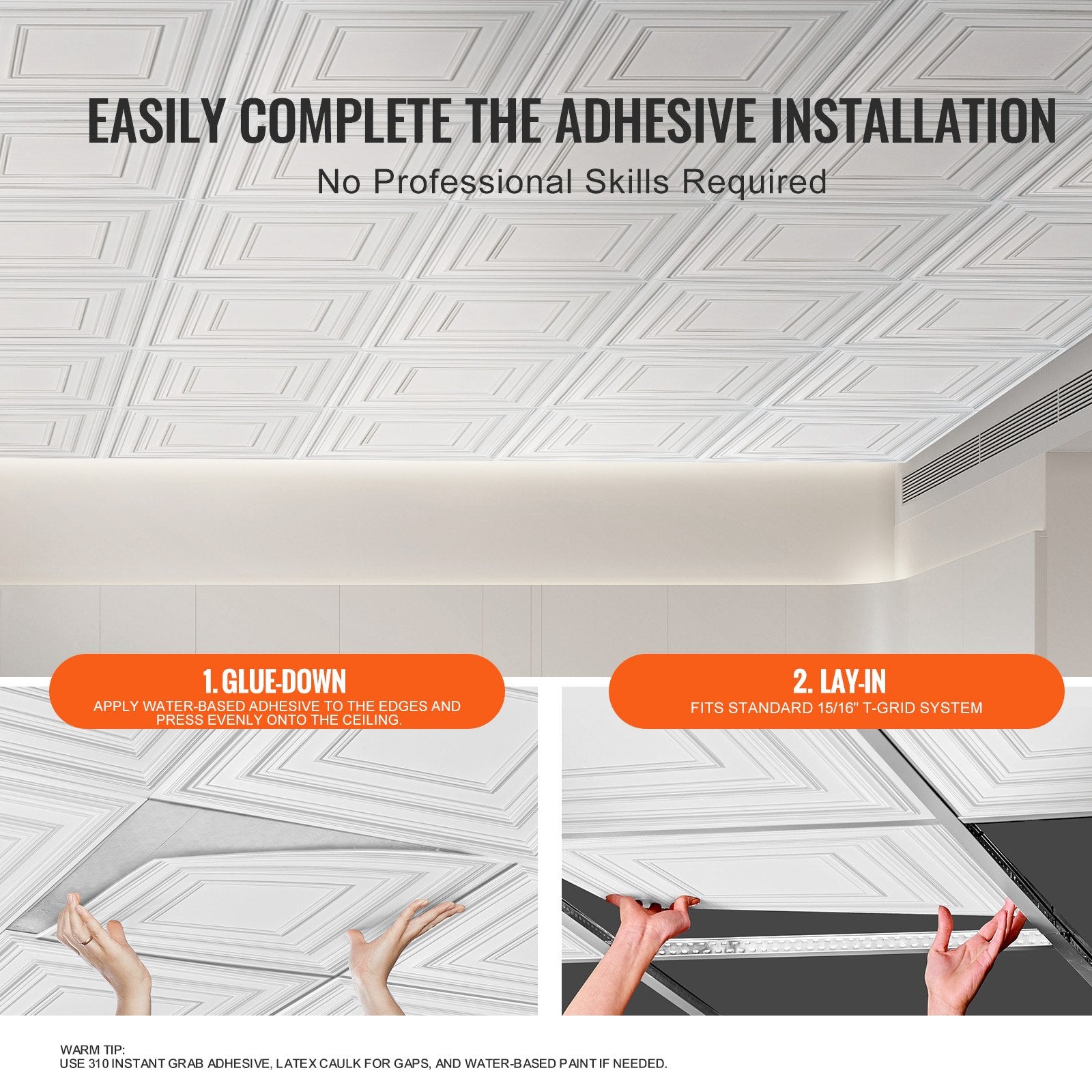 12-Pack 24"x24" White Ceiling Tiles - Premium PVC, Easy DIY Installation, Decorative Acoustic Panels for Home/Office Decor