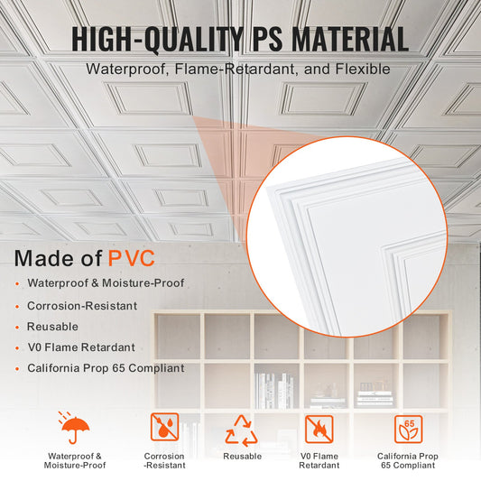 12-Pack 24x24" Decorative Ceiling Tiles, Premium White Geometric PVC for Home/Office, Easy Install, Acoustic, Eco-Friendly, DIY Ceiling Covering