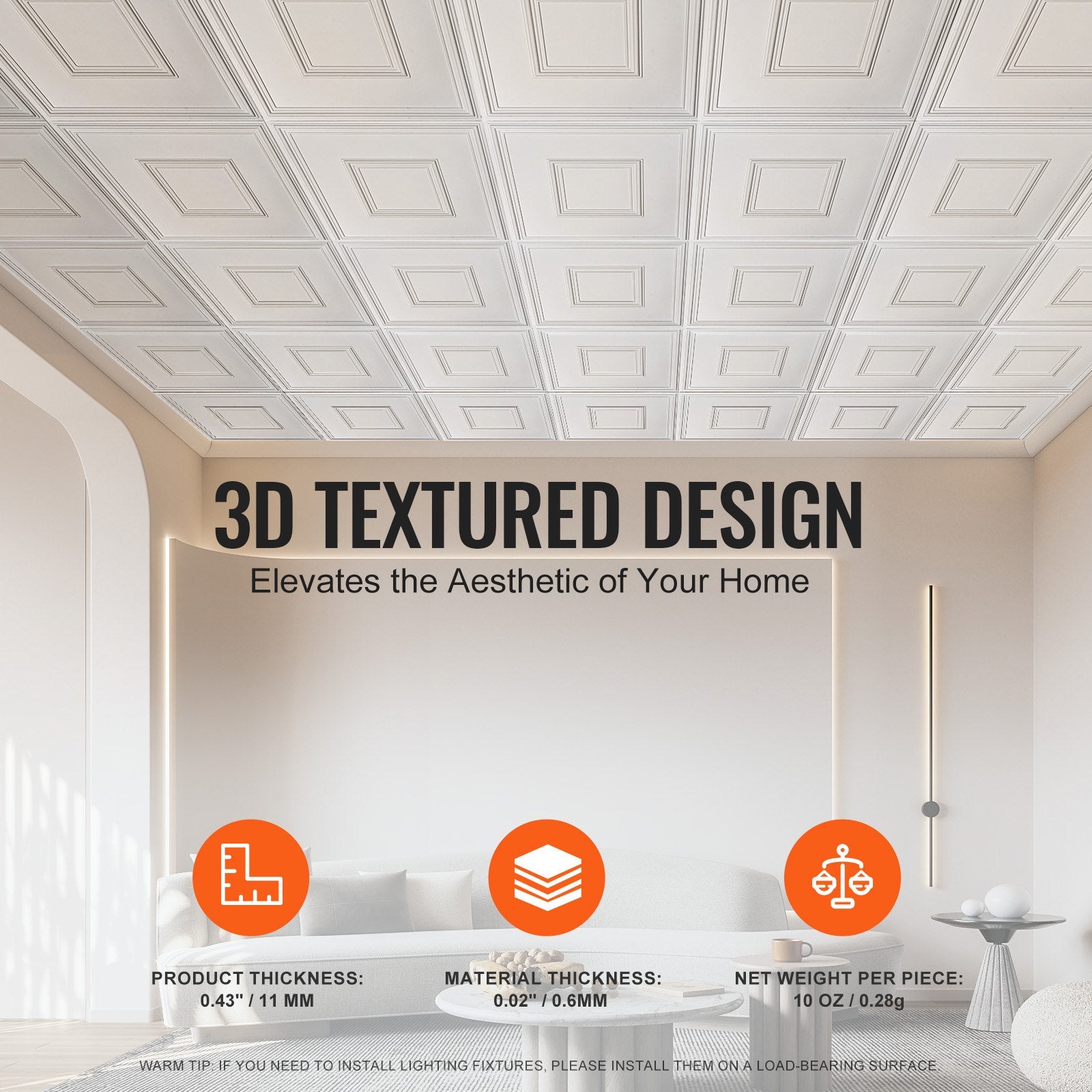 12-Pack 24x24" Decorative Ceiling Tiles, Premium White Geometric PVC for Home/Office, Easy Install, Acoustic, Eco-Friendly, DIY Ceiling Covering