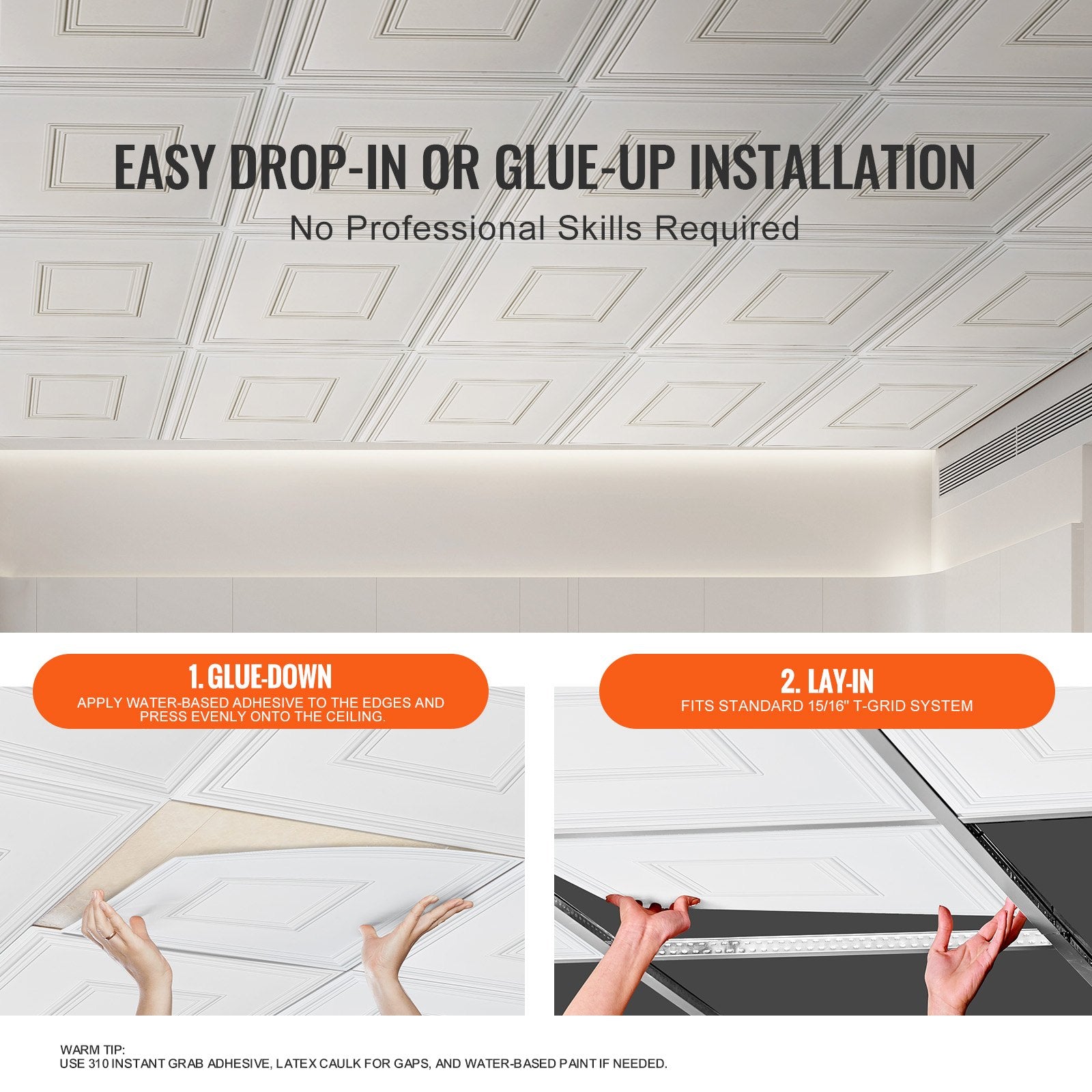 12-Pack 24x24" Decorative Ceiling Tiles, Premium White Geometric PVC for Home/Office, Easy Install, Acoustic, Eco-Friendly, DIY Ceiling Covering