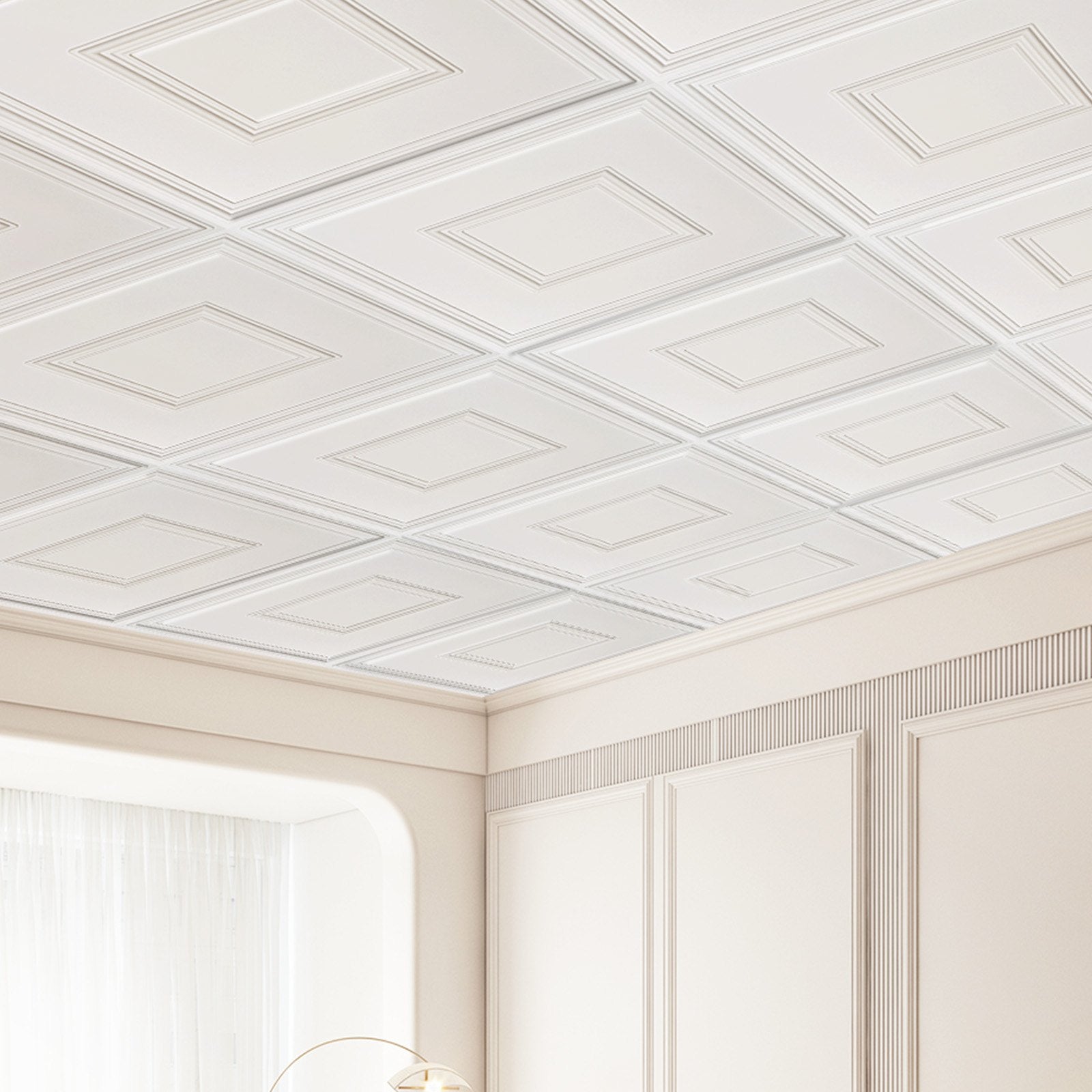 12-Pack 24x24" Decorative Ceiling Tiles, Premium White Geometric PVC for Home/Office, Easy Install, Acoustic, Eco-Friendly, DIY Ceiling Covering