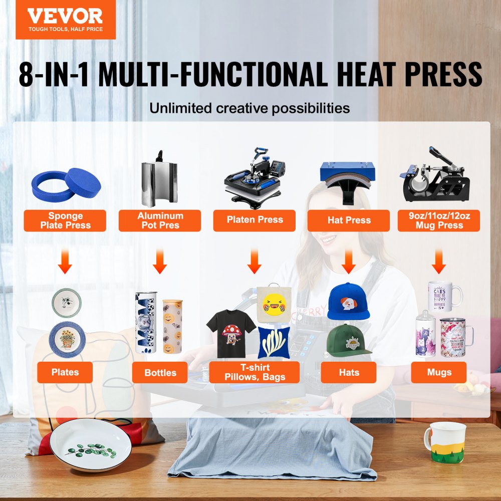 VEVOR Heat Press Machine 12 x 15 Inch 8 in 1 Heat Press Sublimation Machine 360° Rotation Swing Away 8 in 1 Shirt Printing Machine Dual-Tube Heating for DIY T-Shirts Cap & Mugs Blue