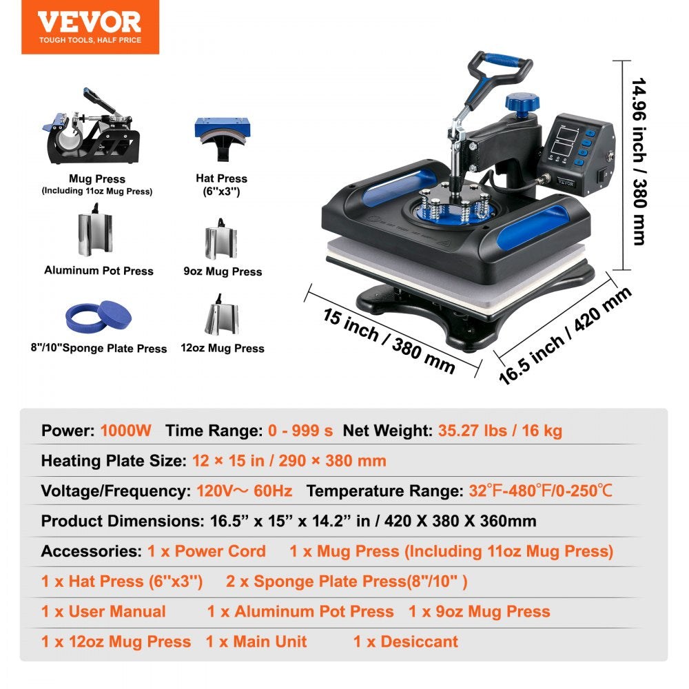 VEVOR Heat Press Machine 12 x 15 Inch 8 in 1 Heat Press Sublimation Machine 360° Rotation Swing Away 8 in 1 Shirt Printing Machine Dual-Tube Heating for DIY T-Shirts Cap & Mugs Blue
