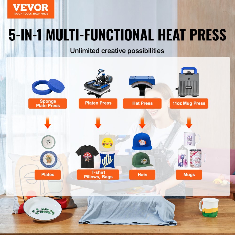 VEVOR Heat Press, 12 x 15inches 800W Heat Press Machine, Sublimation 5 in 1 Combo Sublimation Transfer, Dual Digital Heat Press Transfer, Vinyl Transfer Printer for T Shirts Mugs Caps Plates, Blue