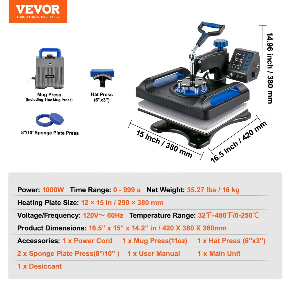 VEVOR Heat Press, 12 x 15inches 800W Heat Press Machine, Sublimation 5 in 1 Combo Sublimation Transfer, Dual Digital Heat Press Transfer, Vinyl Transfer Printer for T Shirts Mugs Caps Plates, Blue