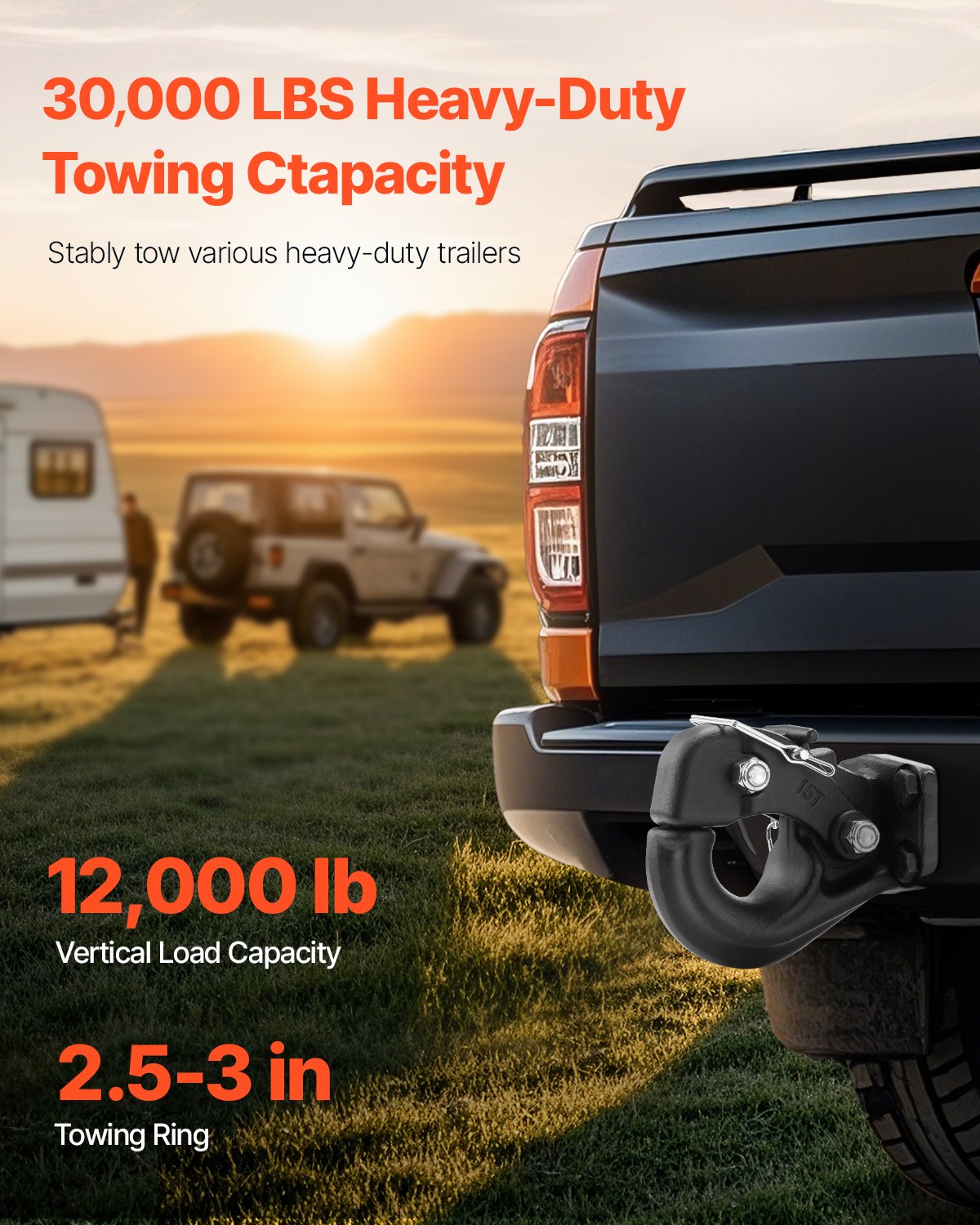 Heavy-Duty Pintle Hook with 30,000 lbs Towing Capacity, Fits 2.5 to 3-Inch Lunette Ring, Durable Black Powder Coat, Ideal for Trucks & Trailers