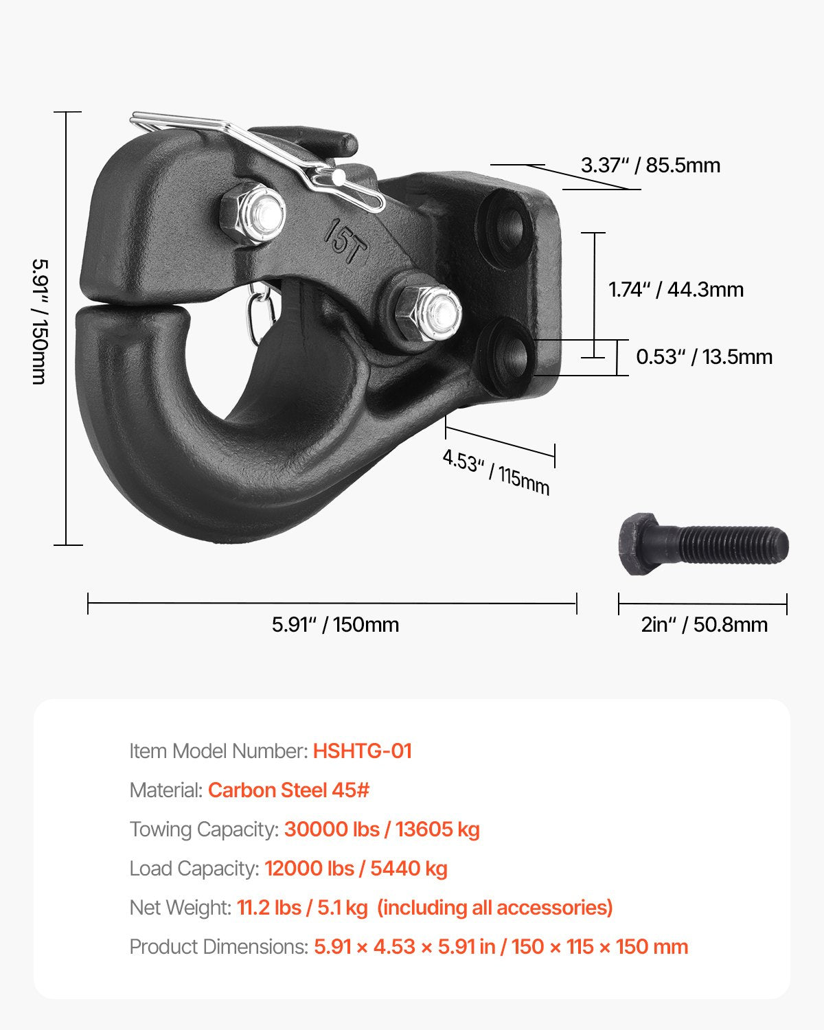 Heavy-Duty Pintle Hook with 30,000 lbs Towing Capacity, Fits 2.5 to 3-Inch Lunette Ring, Durable Black Powder Coat, Ideal for Trucks & Trailers