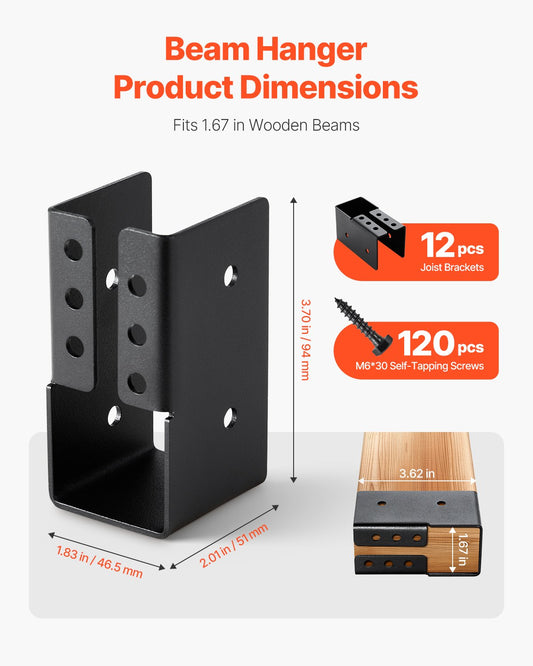 Heavy-Duty 2x4 Inch Concealed Joist Hanger Set with Screws - Outdoor Flange Bracket for Beams, Swings, Fences, Wooden Slides, Weather-Resistant, 12 Pcs