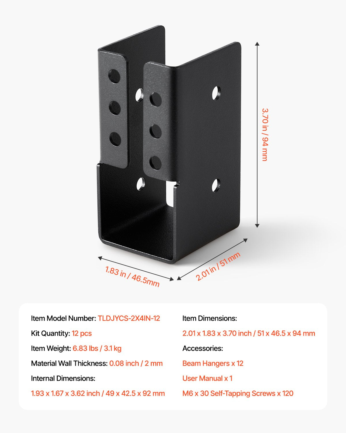 Heavy-Duty 2x4 Inch Concealed Joist Hanger Set with Screws - Outdoor Flange Bracket for Beams, Swings, Fences, Wooden Slides, Weather-Resistant, 12 Pcs