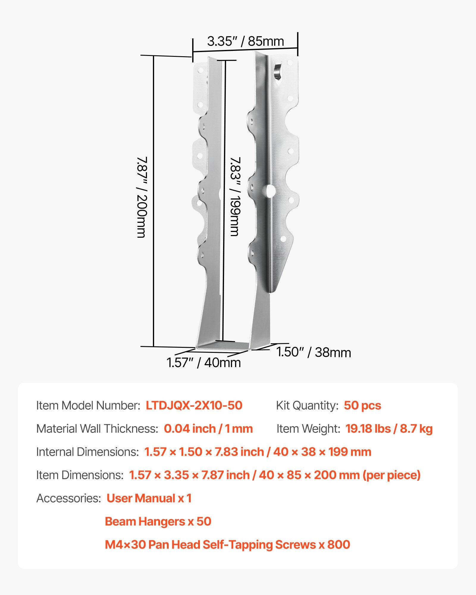 50 Pcs Rustproof Joist Hangers with Rafter Hurricane Ties, 1.57x1.50x7.83", Ideal for Floor Deck, Ceiling Trusses, Enhanced Structural Support