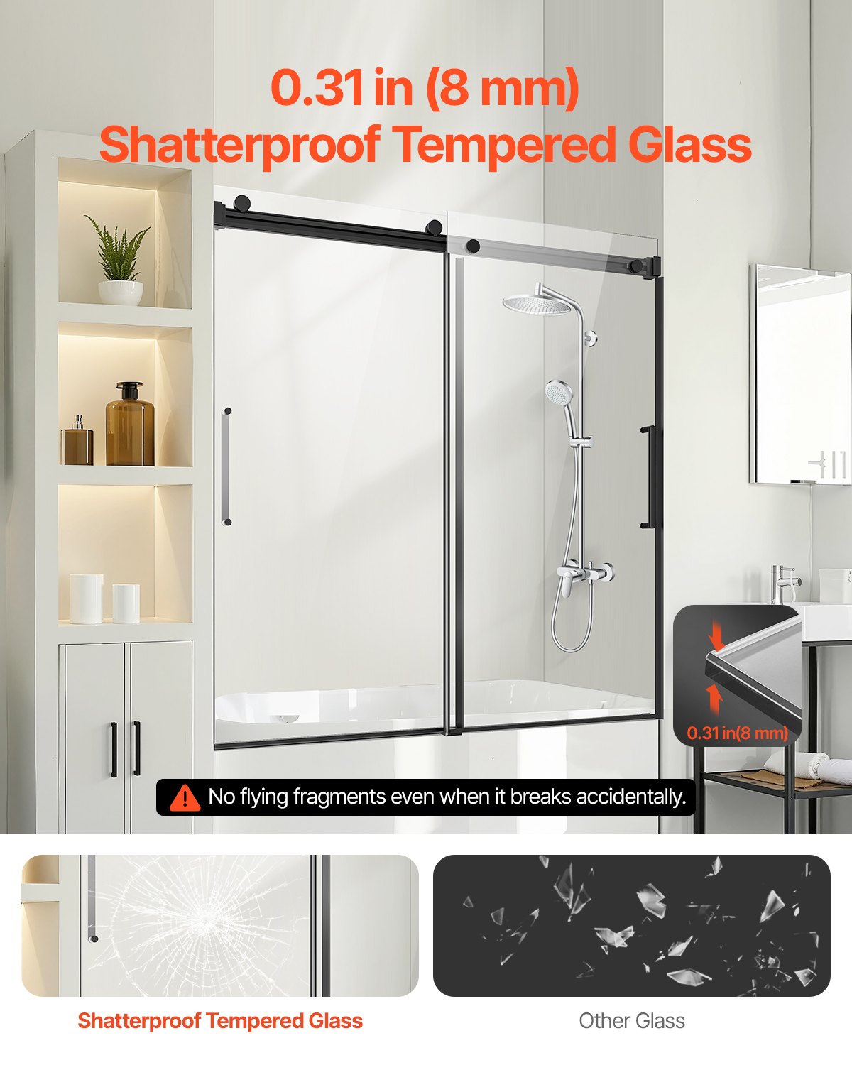 Frameless Double Sliding Bathtub Door, 56-60x60 in, Clear Tempered Glass, Black Finish, Stainless Steel Handle, Waterproof Seal