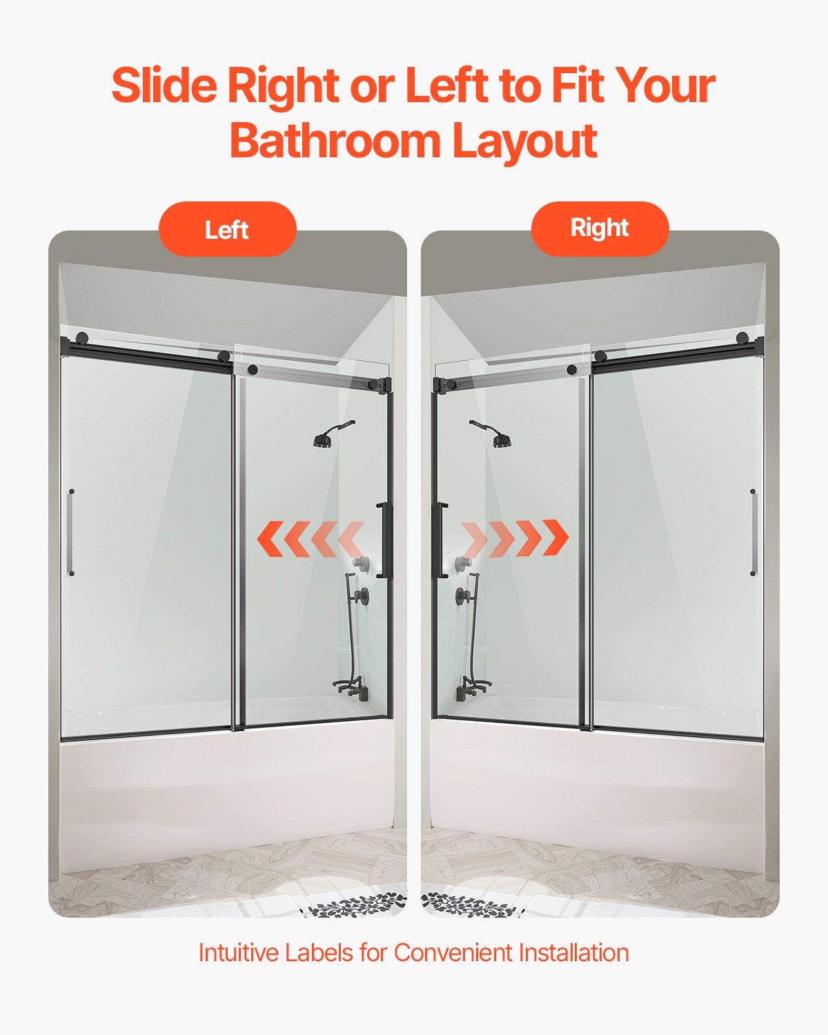 Frameless Double Sliding Bathtub Door, 56-60x60 in, Clear Tempered Glass, Black Finish, Stainless Steel Handle, Waterproof Seal