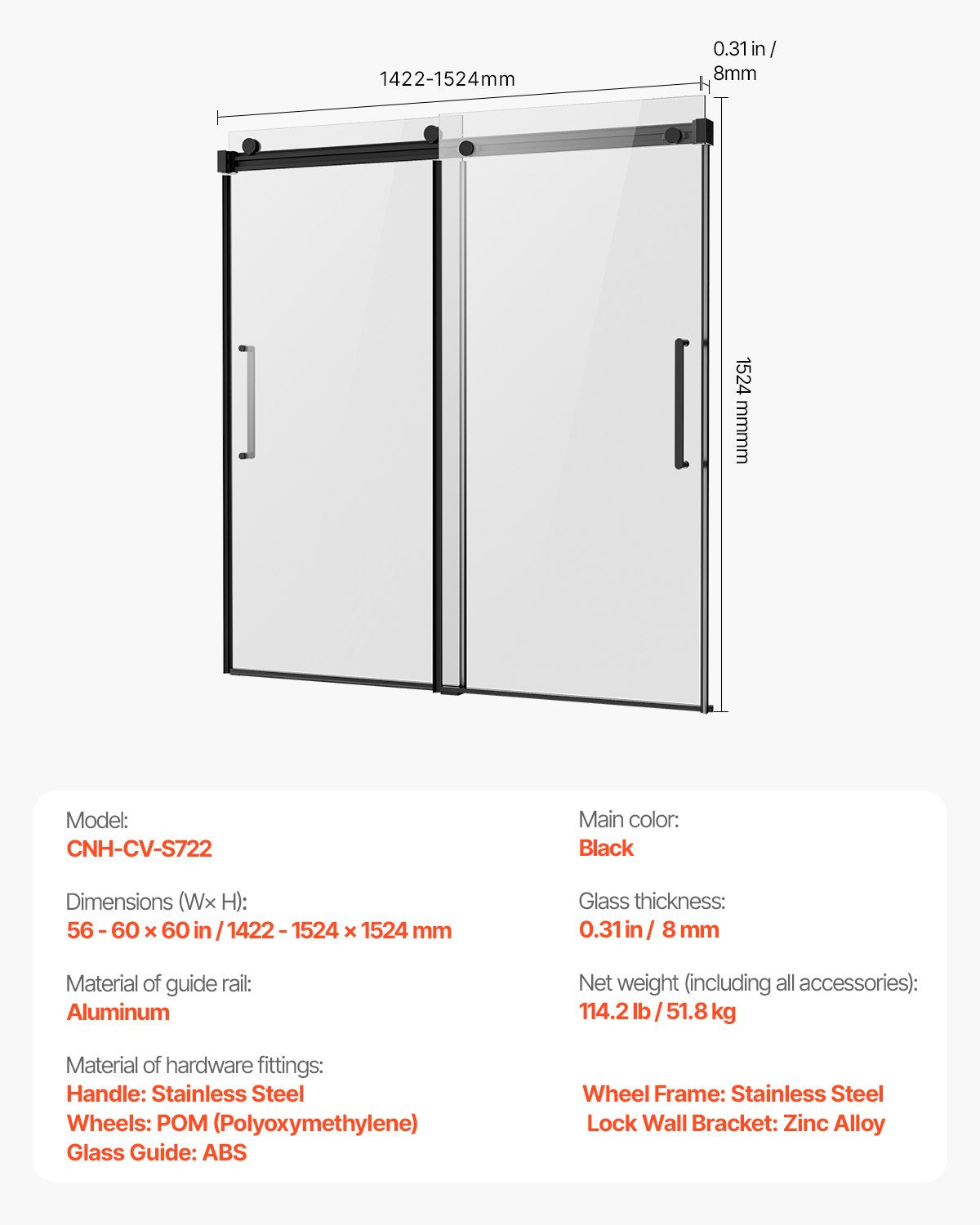 Frameless Double Sliding Bathtub Door, 56-60x60 in, Clear Tempered Glass, Black Finish, Stainless Steel Handle, Waterproof Seal