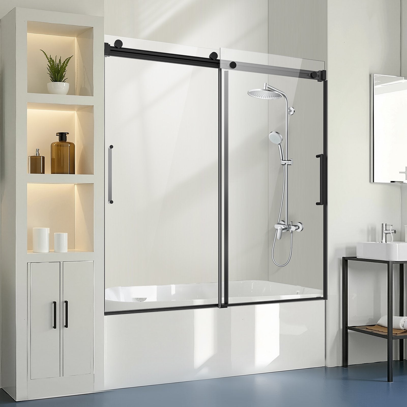 Frameless Double Sliding Bathtub Door, 56-60x60 in, Clear Tempered Glass, Black Finish, Stainless Steel Handle, Waterproof Seal