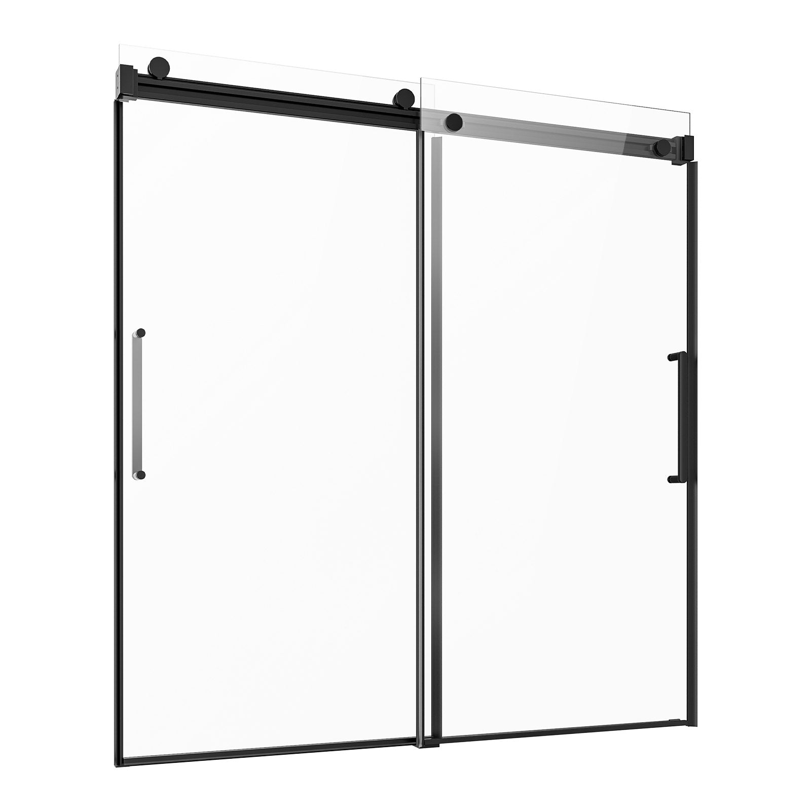 Frameless Double Sliding Bathtub Door, 56-60x60 in, Clear Tempered Glass, Black Finish, Stainless Steel Handle, Waterproof Seal