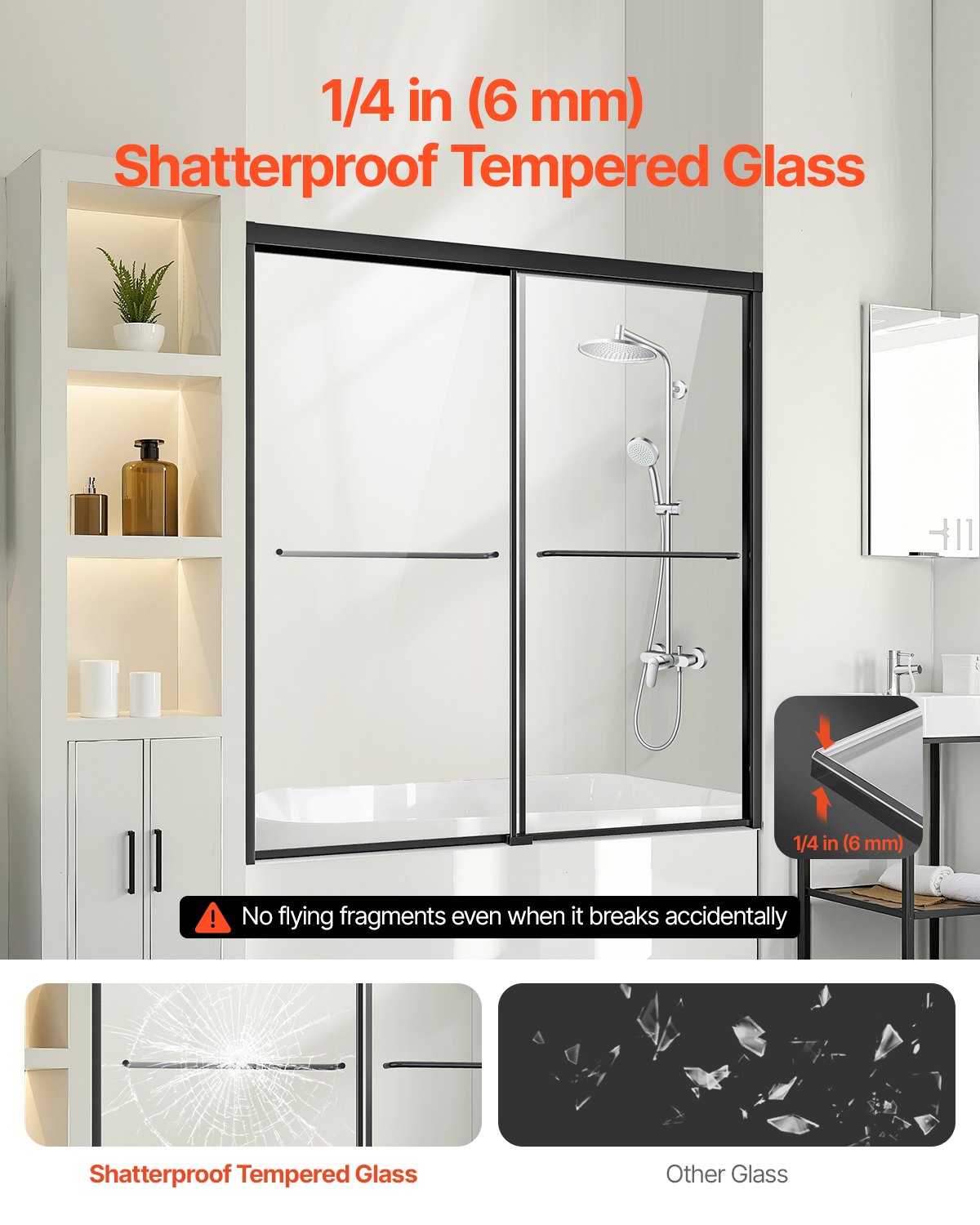 Semi-Frameless Double Sliding Bathtub Shower Door, 56-60 in. W x 60 in. H, Shatterproof Tempered Glass, Black Finish, Stainless Steel Handle, Water-Repellent Coating, Easy Installation, Convenient Towel Rack, Aluminum Track