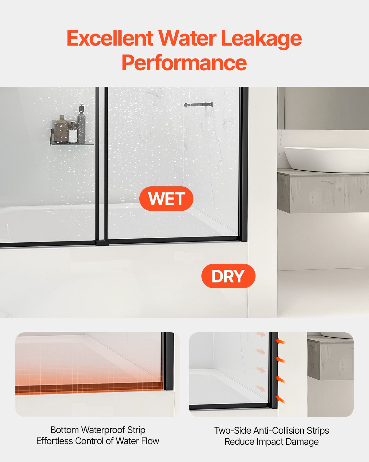 Semi-Frameless Double Sliding Bathtub Shower Door, 56-60 in. W x 60 in. H, Shatterproof Tempered Glass, Black Finish, Stainless Steel Handle, Water-Repellent Coating, Easy Installation, Convenient Towel Rack, Aluminum Track