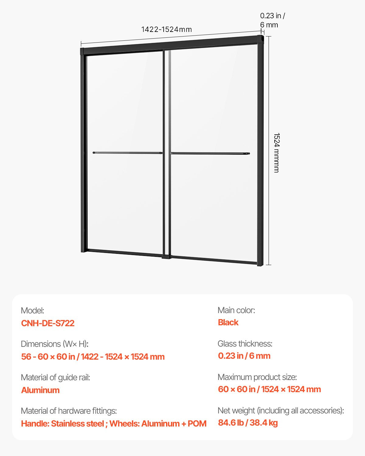 Semi-Frameless Double Sliding Bathtub Shower Door, 56-60 in. W x 60 in. H, Shatterproof Tempered Glass, Black Finish, Stainless Steel Handle, Water-Repellent Coating, Easy Installation, Convenient Towel Rack, Aluminum Track