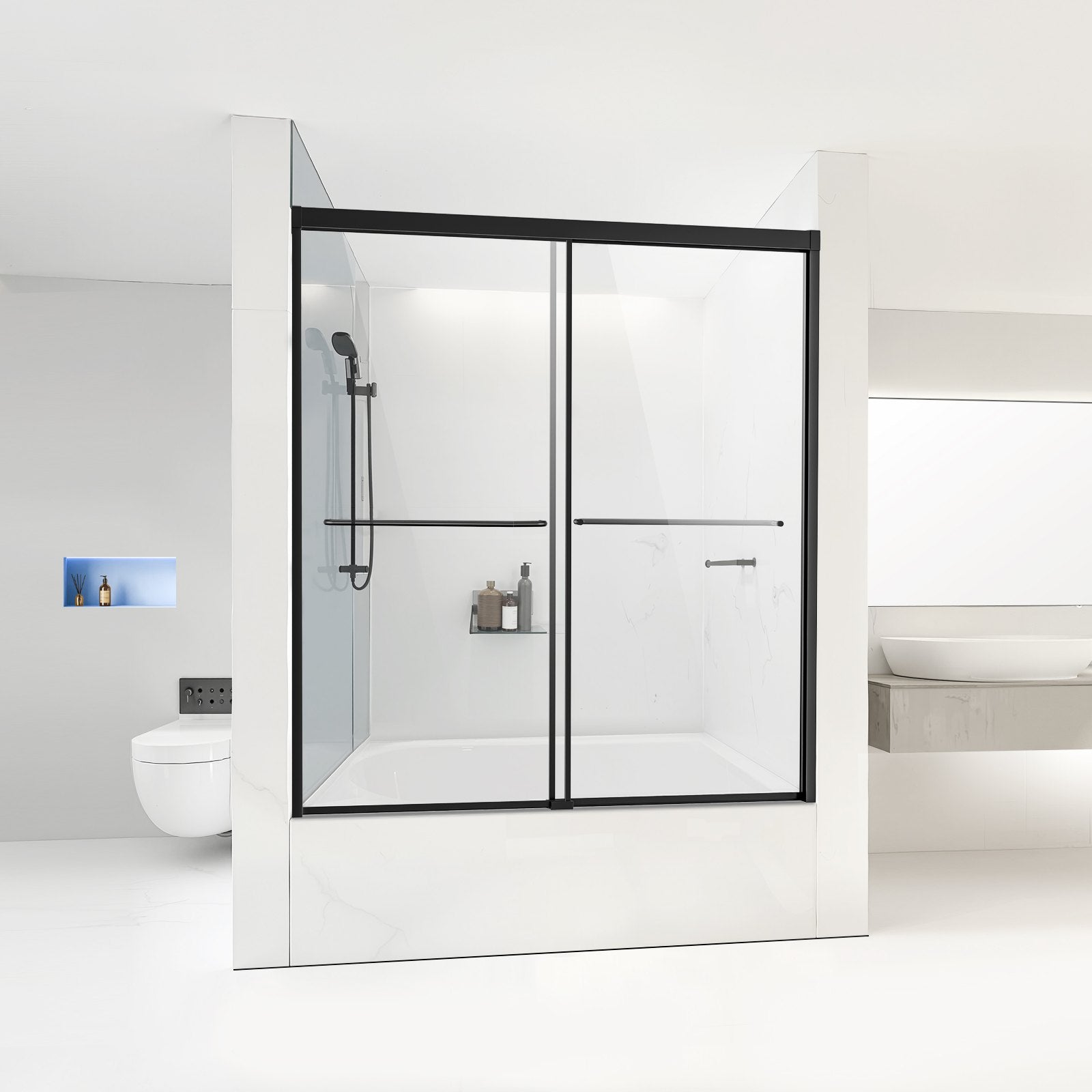 Semi-Frameless Double Sliding Bathtub Shower Door, 56-60 in. W x 60 in. H, Shatterproof Tempered Glass, Black Finish, Stainless Steel Handle, Water-Repellent Coating, Easy Installation, Convenient Towel Rack, Aluminum Track