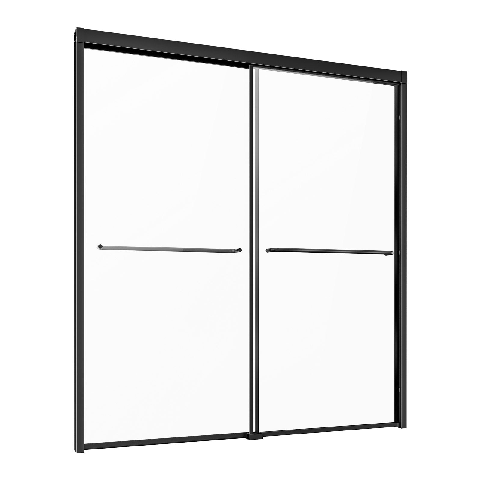 Semi-Frameless Double Sliding Bathtub Shower Door, 56-60 in. W x 60 in. H, Shatterproof Tempered Glass, Black Finish, Stainless Steel Handle, Water-Repellent Coating, Easy Installation, Convenient Towel Rack, Aluminum Track