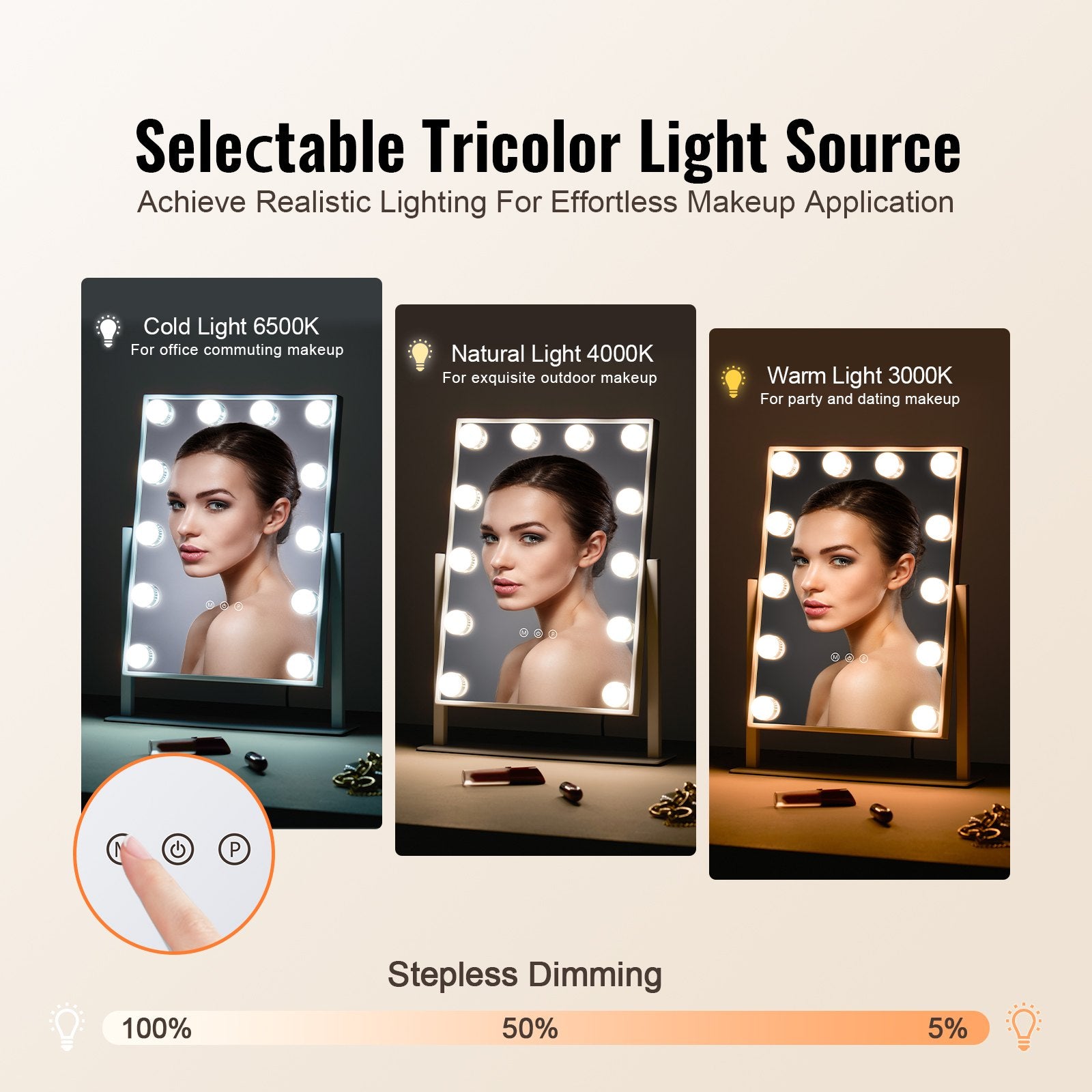 Hollywood Vanity Mirror with 12 Dimmable Bulbs, 3 Color Modes, 5X Magnification, 360° Rotation, Touch Control, White, Eco-Friendly Design