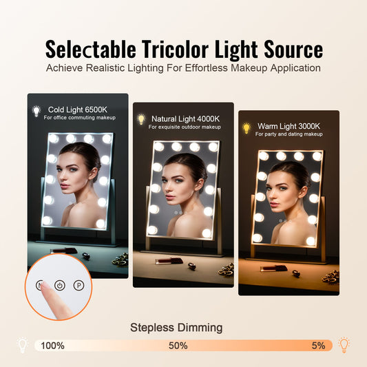 Hollywood Vanity Mirror with 12 Dimmable Bulbs, 3 Color Modes, 5X Magnification, 360° Rotation, Touch Control, White, Eco-Friendly Design