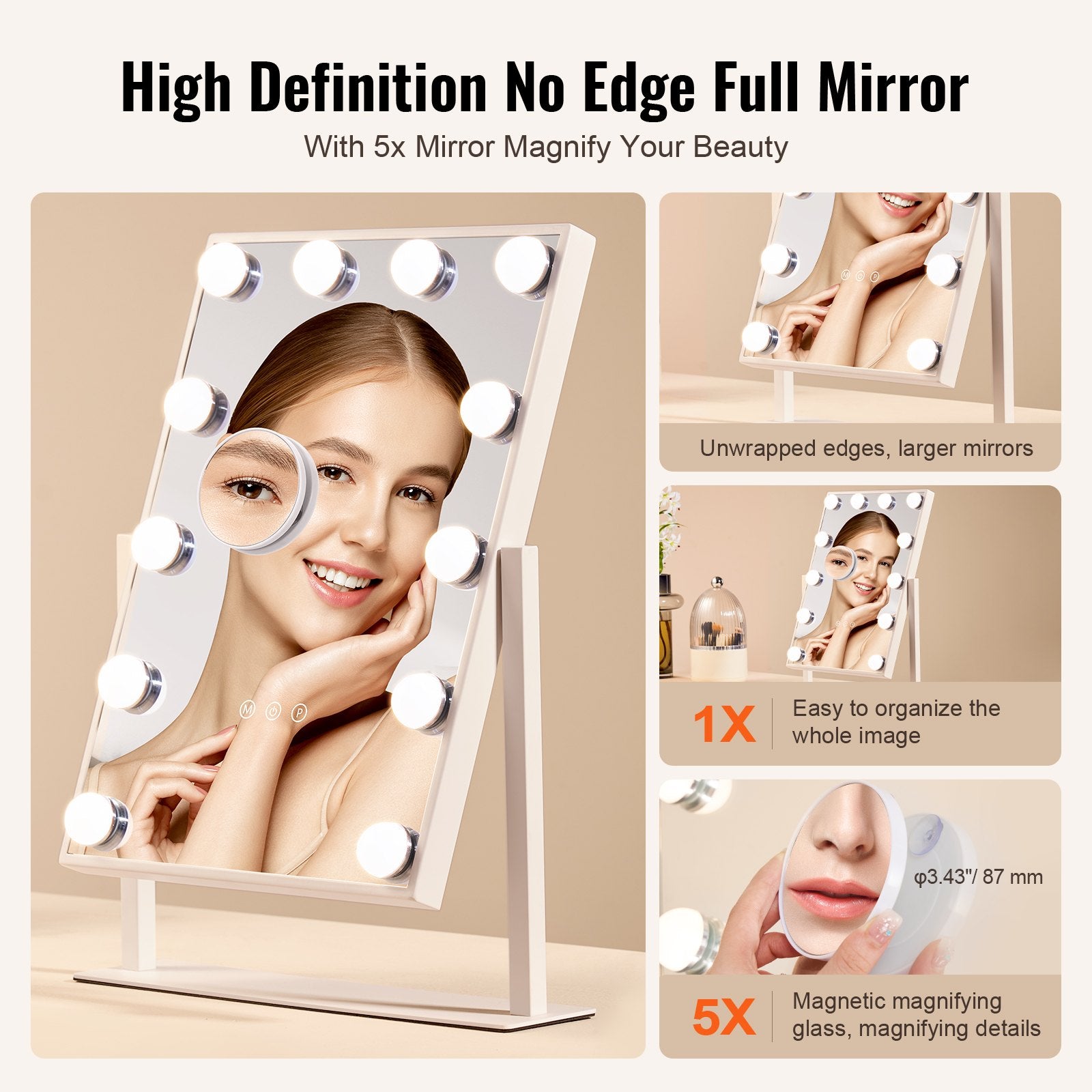 Hollywood Vanity Mirror with 12 Dimmable Bulbs, 3 Color Modes, 5X Magnification, 360° Rotation, Touch Control, White, Eco-Friendly Design