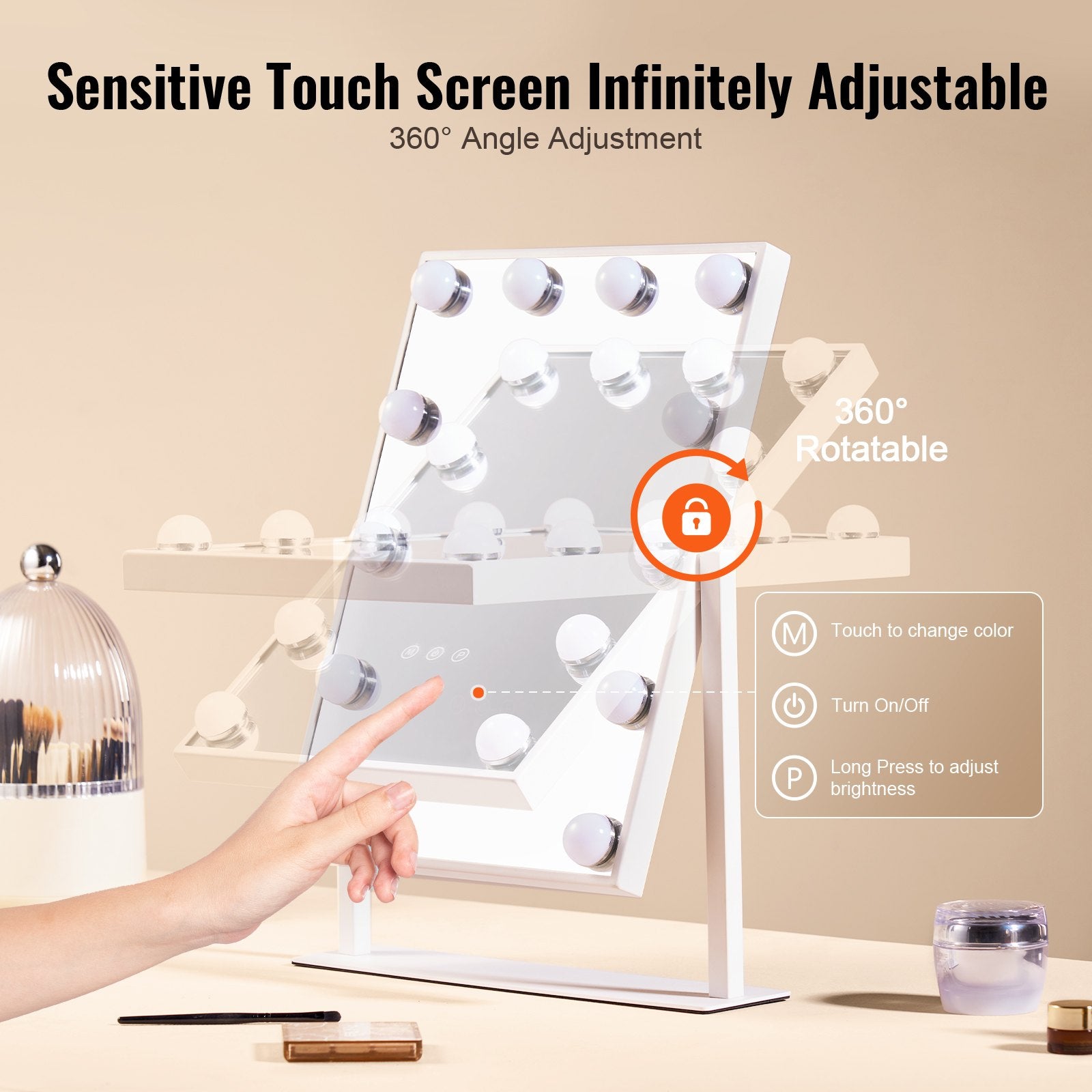 Hollywood Vanity Mirror with 12 Dimmable Bulbs, 3 Color Modes, 5X Magnification, 360° Rotation, Touch Control, White, Eco-Friendly Design