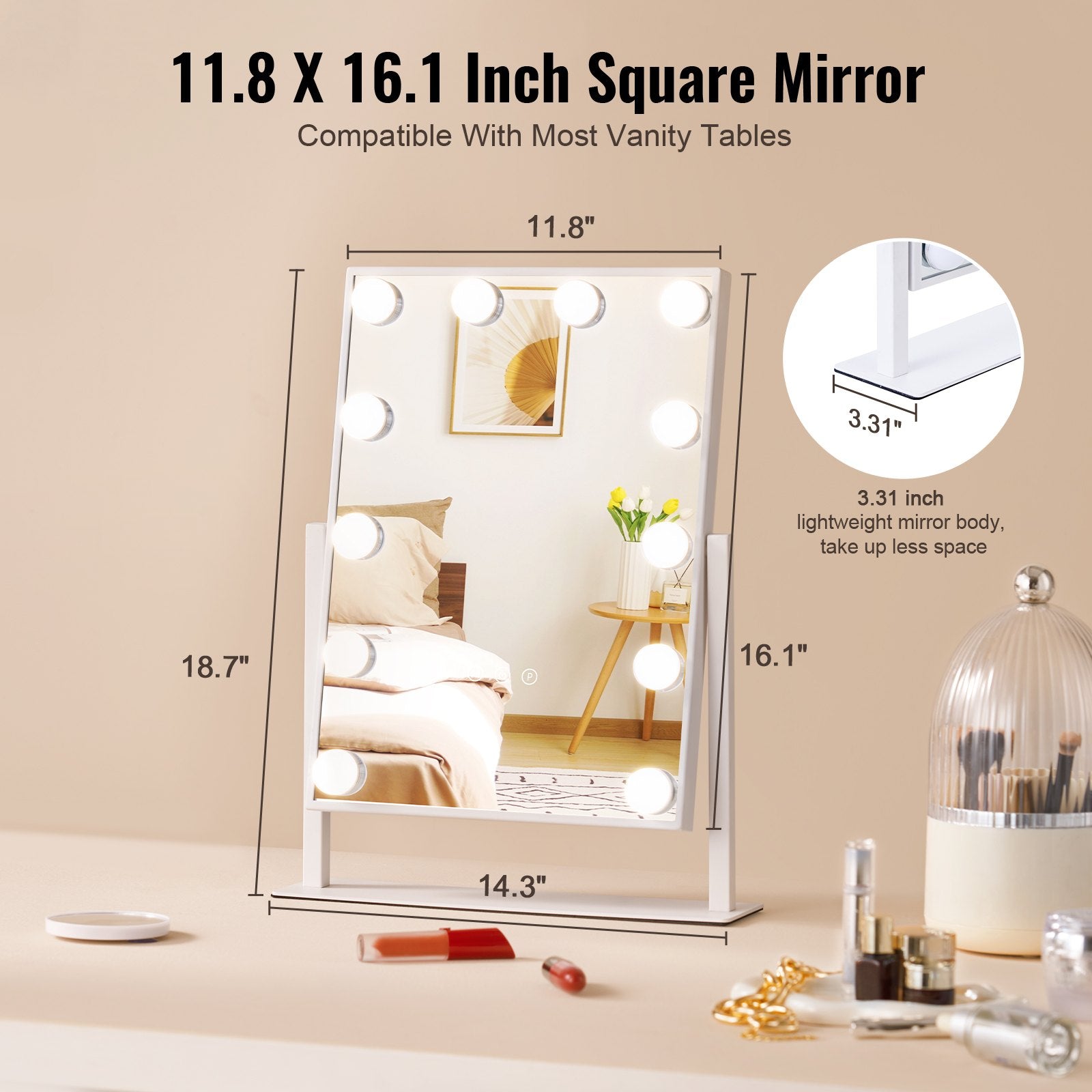 Hollywood Vanity Mirror with 12 Dimmable Bulbs, 3 Color Modes, 5X Magnification, 360° Rotation, Touch Control, White, Eco-Friendly Design