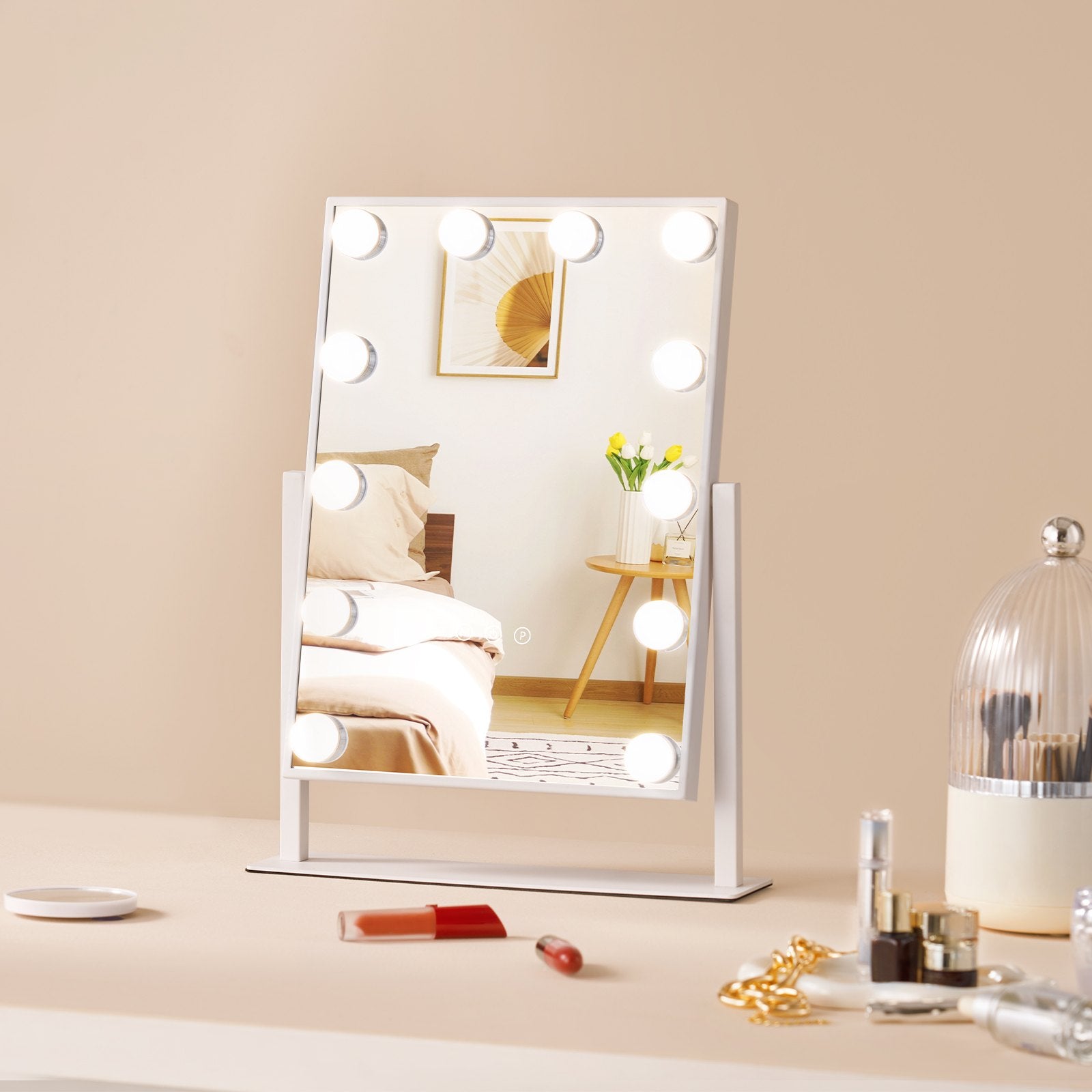 Hollywood Vanity Mirror with 12 Dimmable Bulbs, 3 Color Modes, 5X Magnification, 360° Rotation, Touch Control, White, Eco-Friendly Design