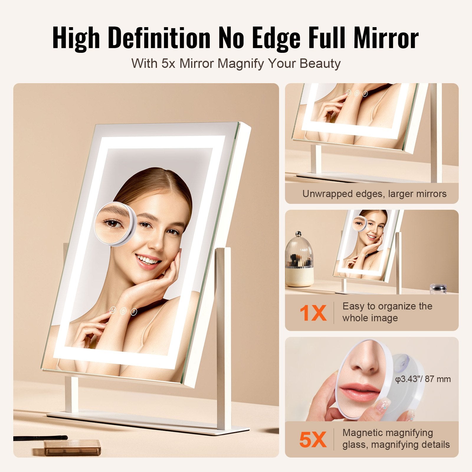 Enhanced Vanity Mirror with LED Lights, 3 Color Modes, 5X Magnification & Smart Touch; 360° Rotation, Adjustable Brightness, Eco-friendly Design, White