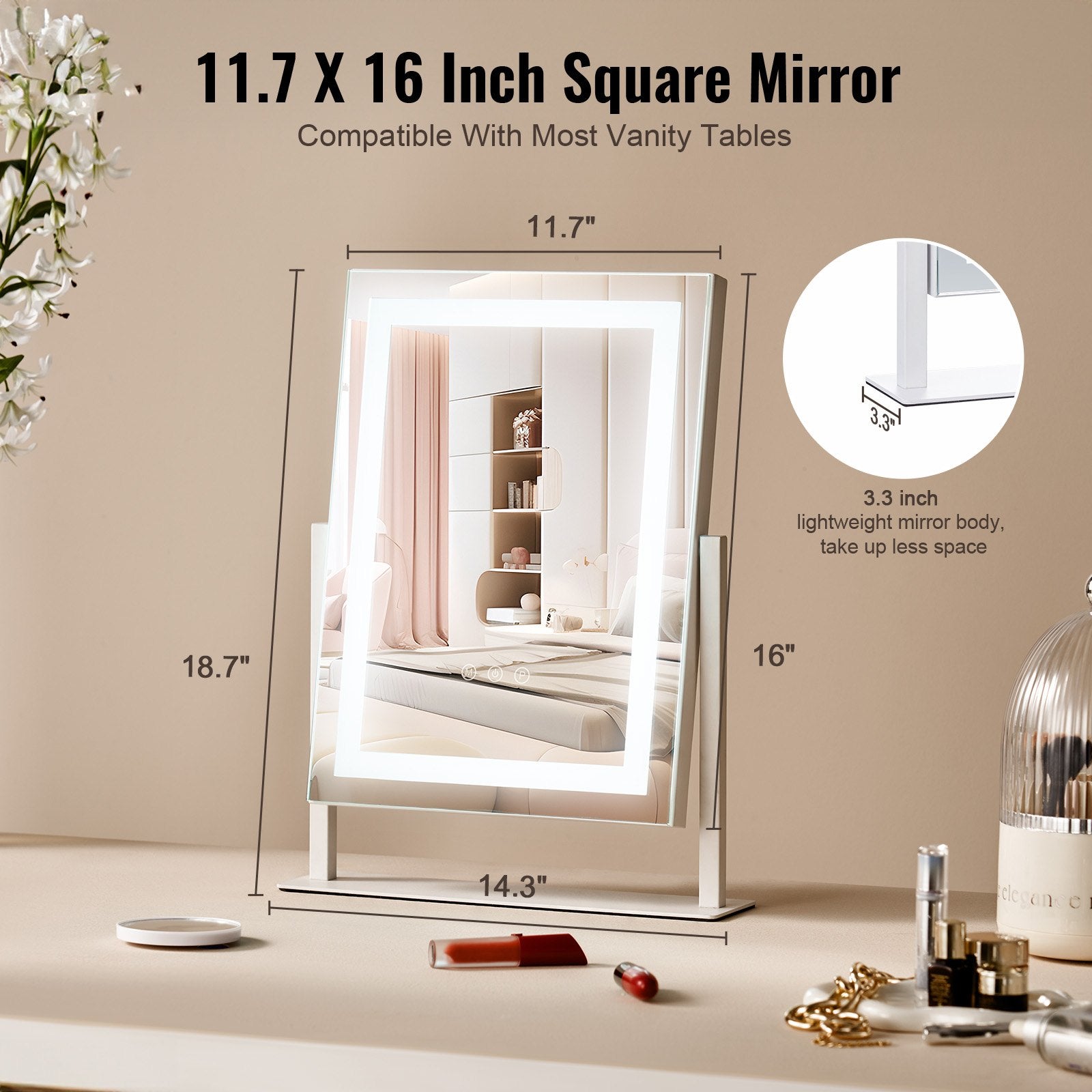 Enhanced Vanity Mirror with LED Lights, 3 Color Modes, 5X Magnification & Smart Touch; 360° Rotation, Adjustable Brightness, Eco-friendly Design, White