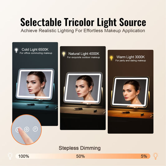 White Vanity Mirror with LED Lights, 5X Magnification, USB & Touch Control, 360° Rotation, Adjustable Brightness, 3 Color Modes