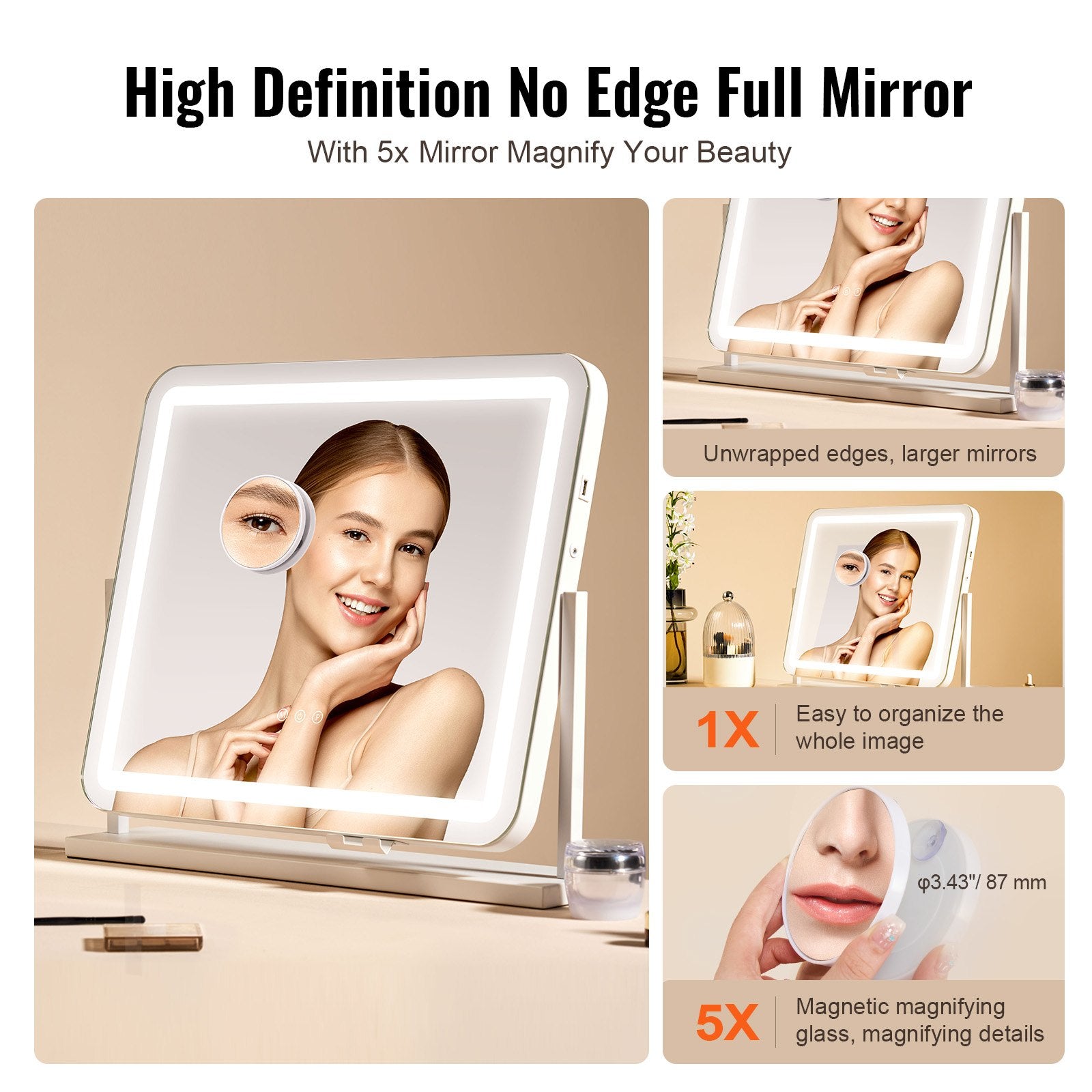 White Vanity Mirror with LED Lights, 5X Magnification, USB & Touch Control, 360° Rotation, Adjustable Brightness, 3 Color Modes