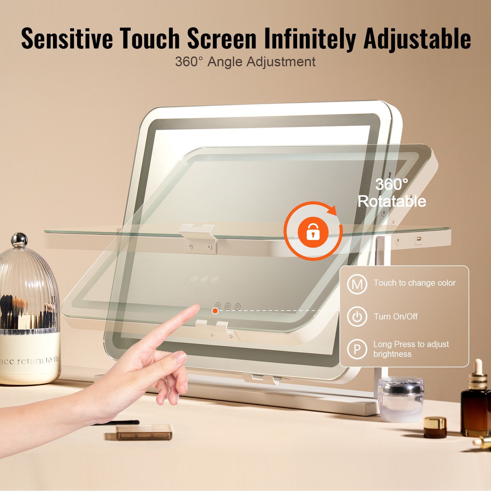 White Vanity Mirror with LED Lights, 5X Magnification, USB & Touch Control, 360° Rotation, Adjustable Brightness, 3 Color Modes