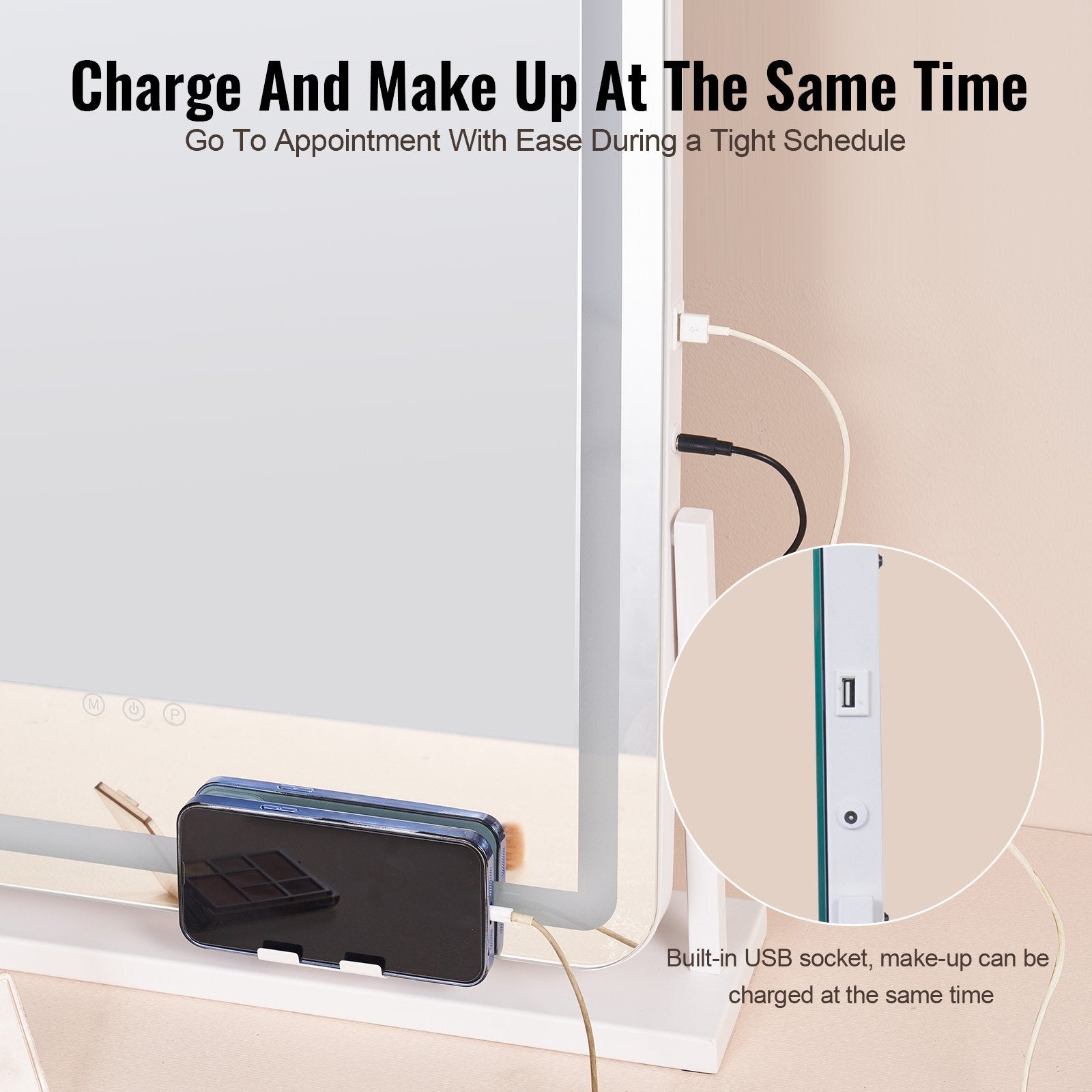 White Vanity Mirror with LED Lights, 5X Magnification, USB & Touch Control, 360° Rotation, Adjustable Brightness, 3 Color Modes