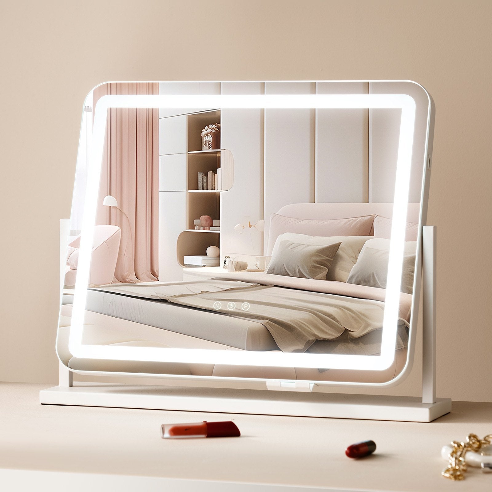 White Vanity Mirror with LED Lights, 5X Magnification, USB & Touch Control, 360° Rotation, Adjustable Brightness, 3 Color Modes
