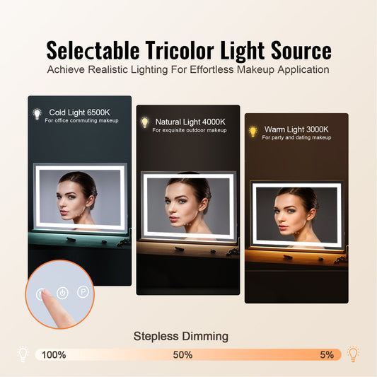 Large Vanity Mirror with LED Lights, 5X Magnification, USB Port, Smart Touch, Adjustable Color Modes, Wall-Mountable, 31.5x21.7 in, White